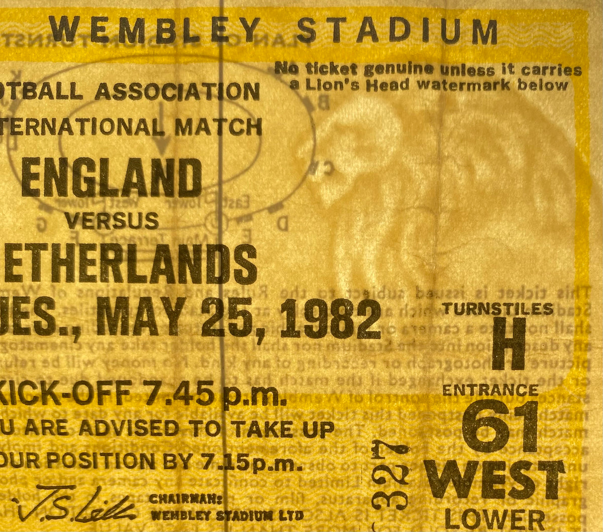 1982 ORIGINAL INTERNATIONAL TICKET ENGLAND V NETHERLANDS