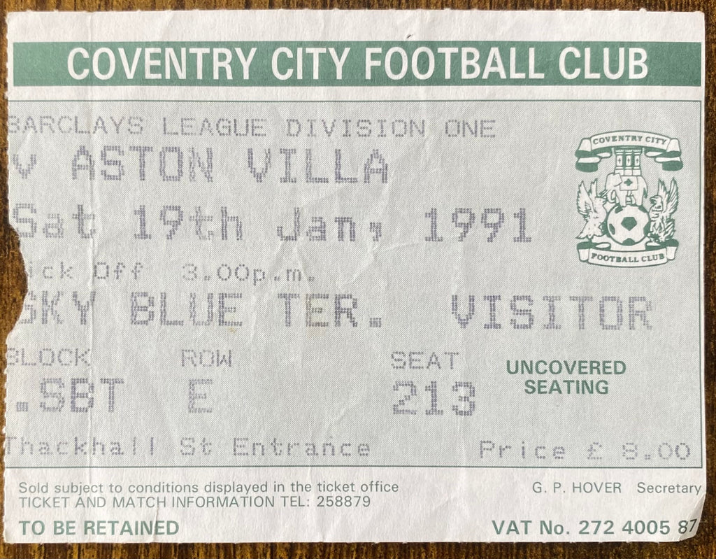 1990/91 ORIGINAL DIVISION 1 TICKET COVENTRY CITY V ASTON VILLA