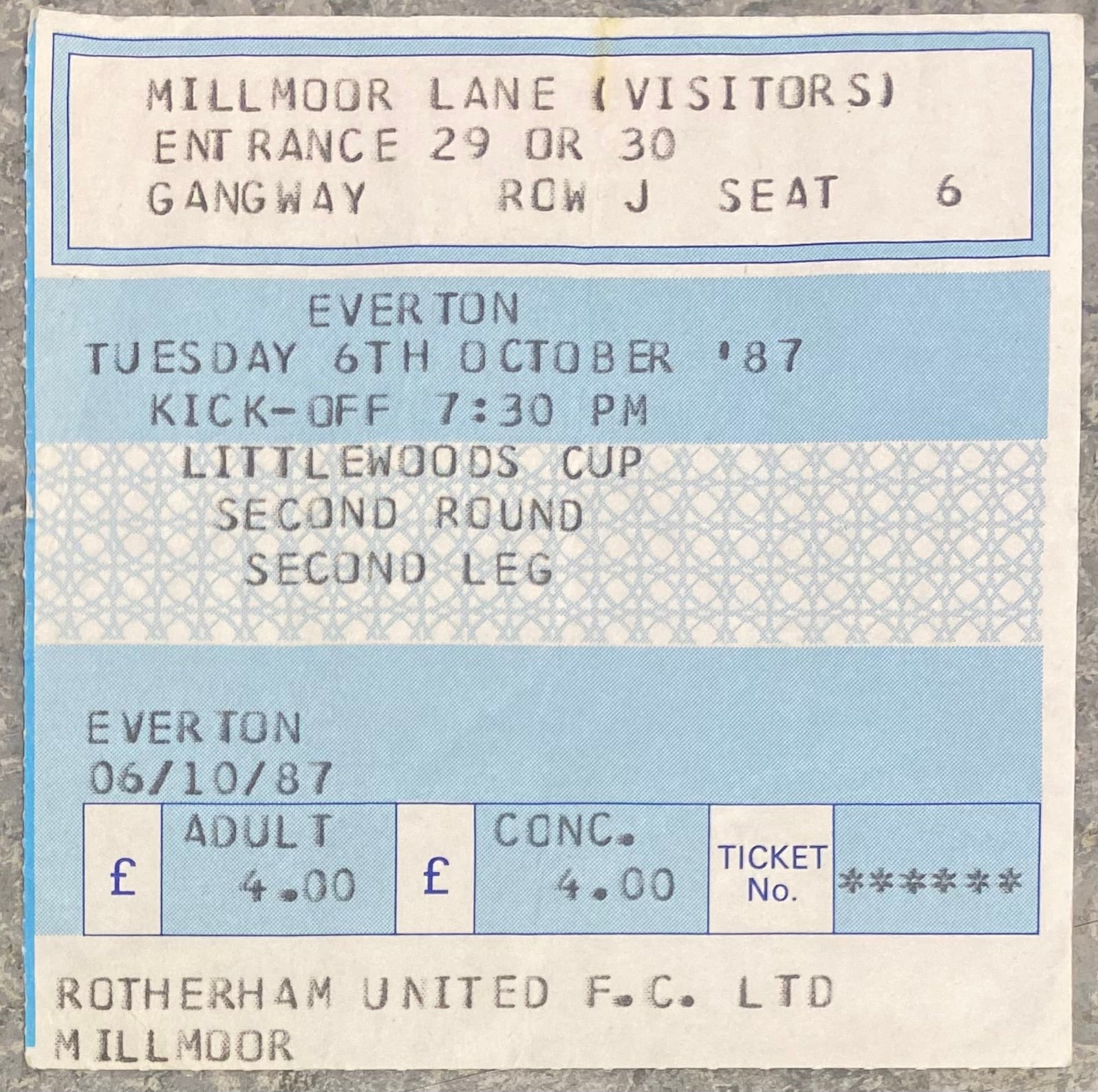 1987/88 ORIGINAL LITTLEWOODS CUP 2ND ROUND 2ND LEG TICKET ROTHERHAM UNITED V EVERTON