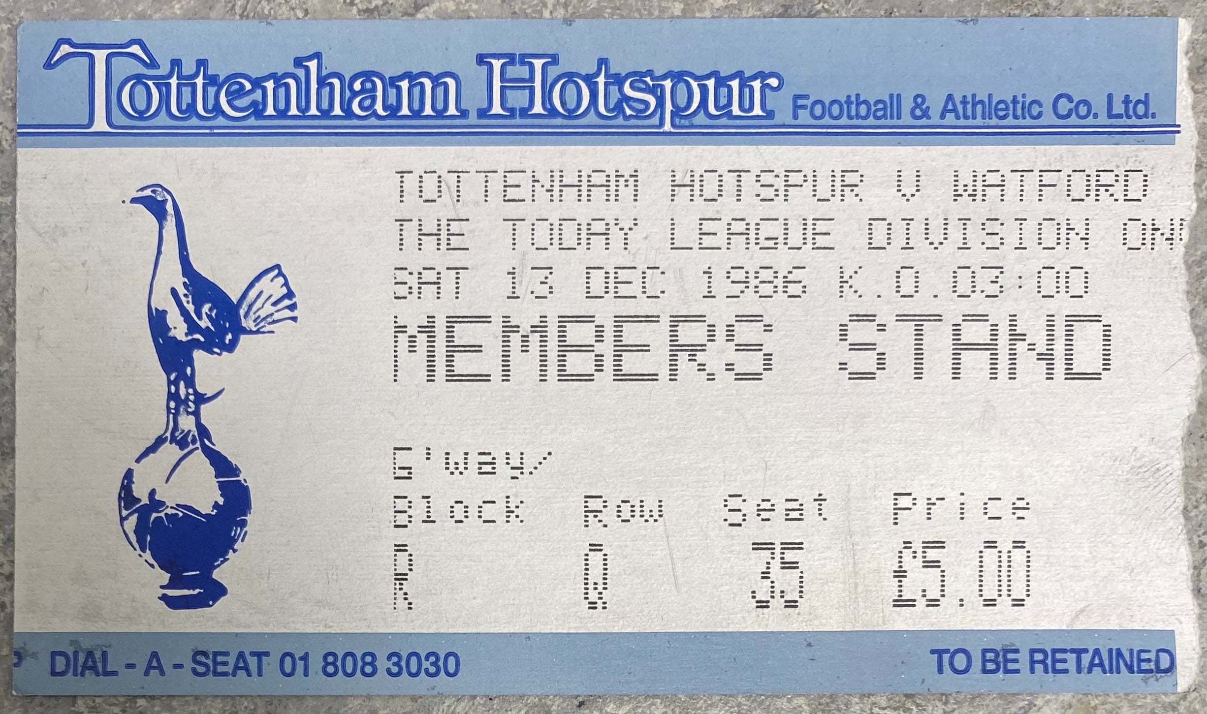 1986/87 ORIGINAL DIVISION 1 TICKET TOTTENHAM HOTSPUR V WATFORD