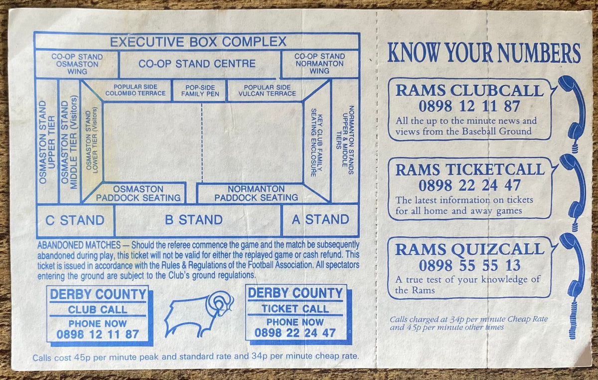 1991/92 ORIGINAL DIVISION 2 UNUSED TICKET DERBY COUNTY V CHARLTON ATHLETIC