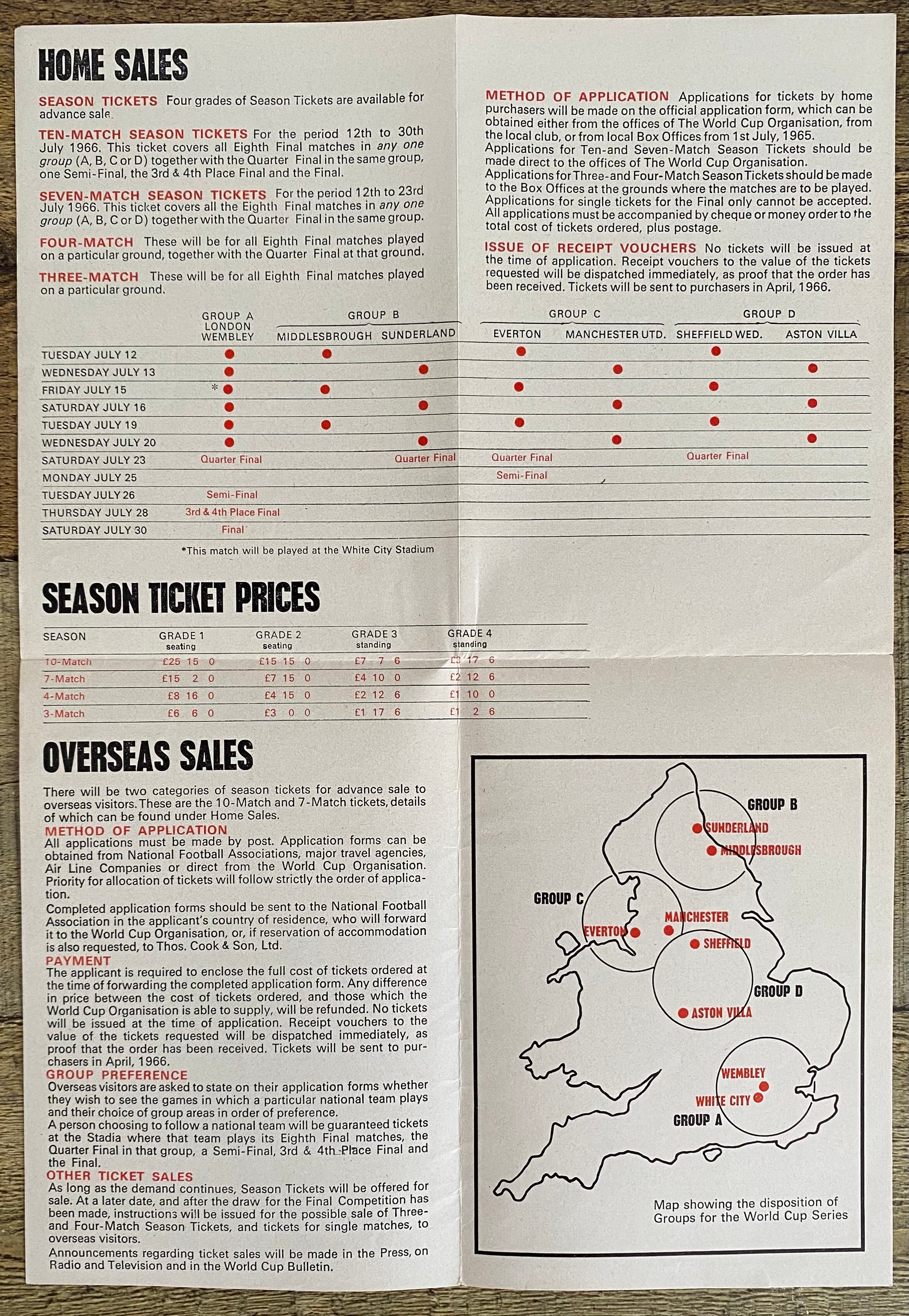 1966 WORLD CUP ORIGINAL OFFICIAL TICKET INFORMATION FOLD OUT BOOKLET