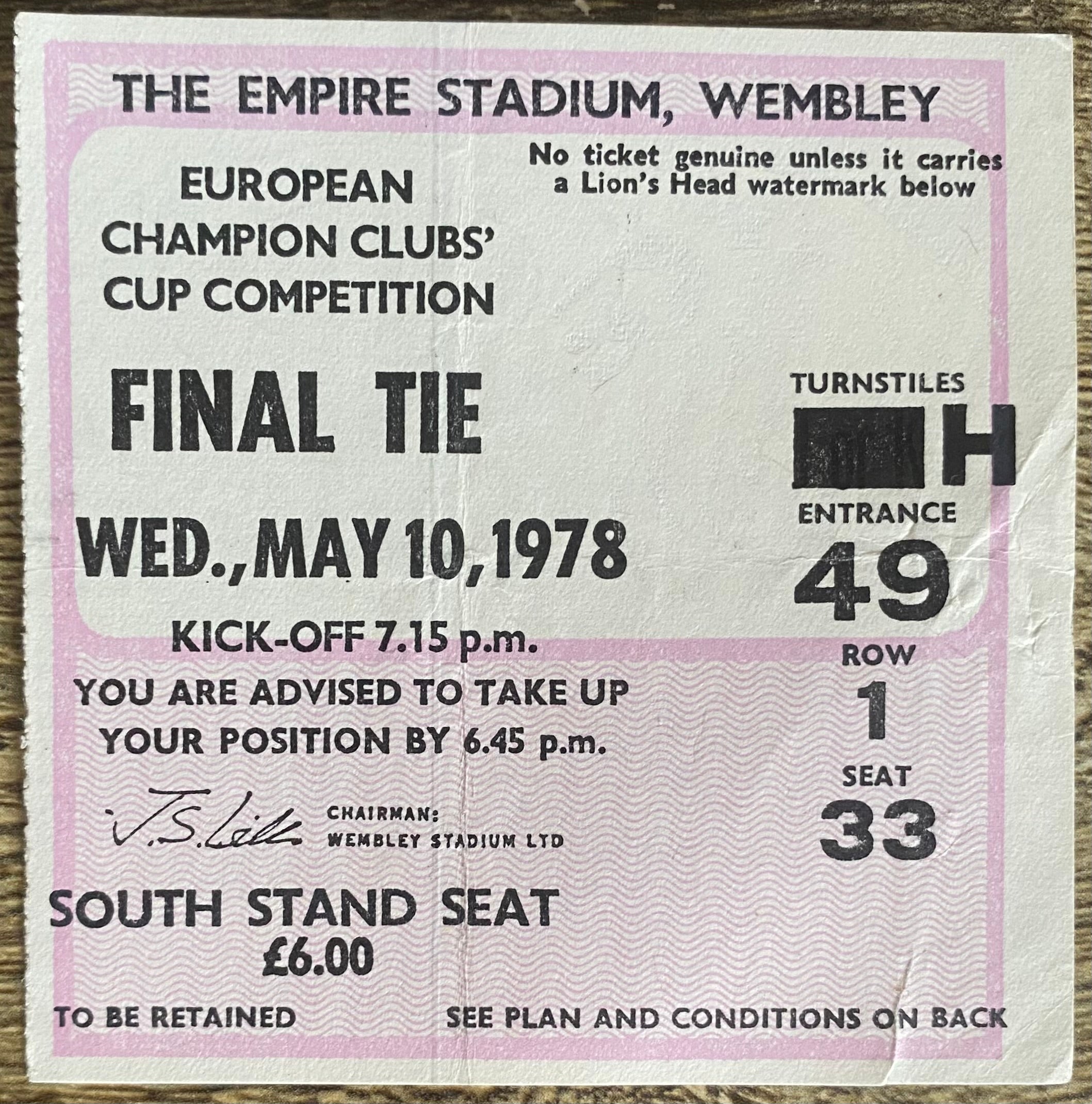 1978 ORIGINAL EUROPEAN CUP FINAL TICKET LIVERPOOL V FC BRUGES @ WEMBLEY