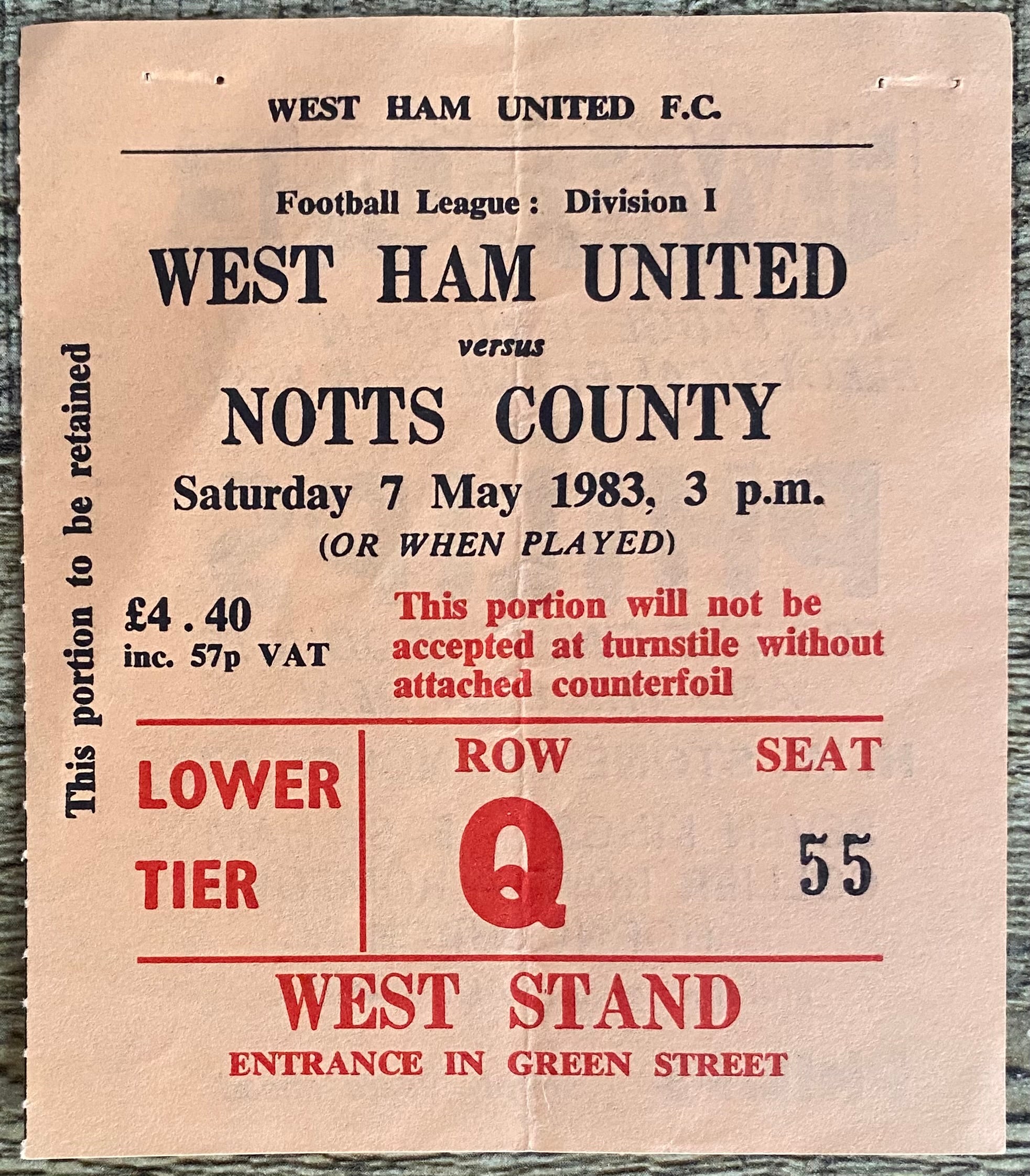 1982/83 ORIGINAL DIVISION 1 TICKET WEST HAM UNITED V NOTTS COUNTY