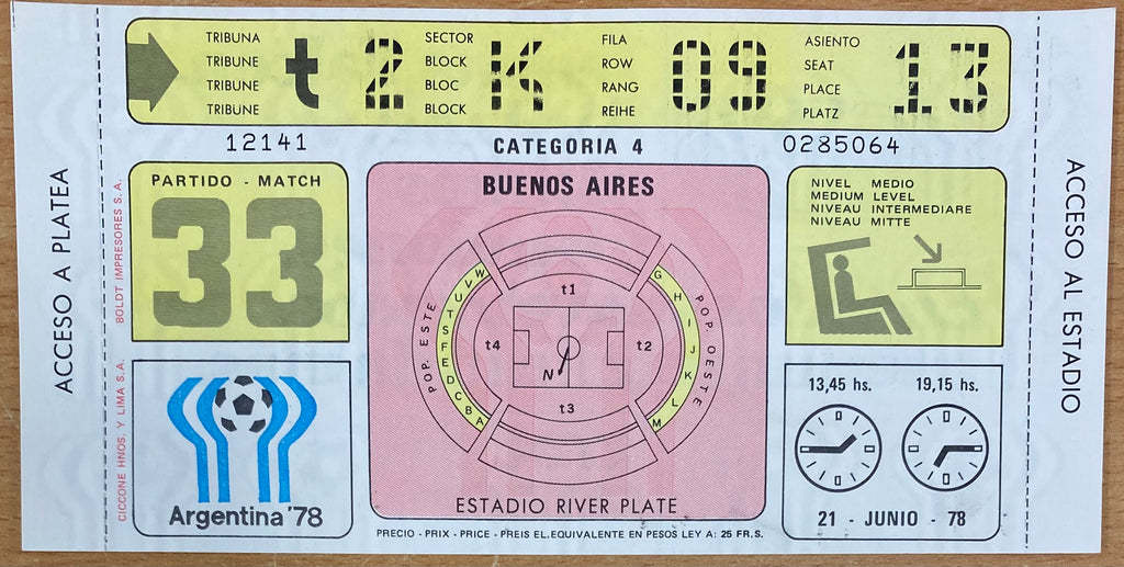 1978 ORIGINAL WORLD CUP 2ND ROUND UNUSED TICKET ITALY V NETHERLANDS @ BUENOS ARIES