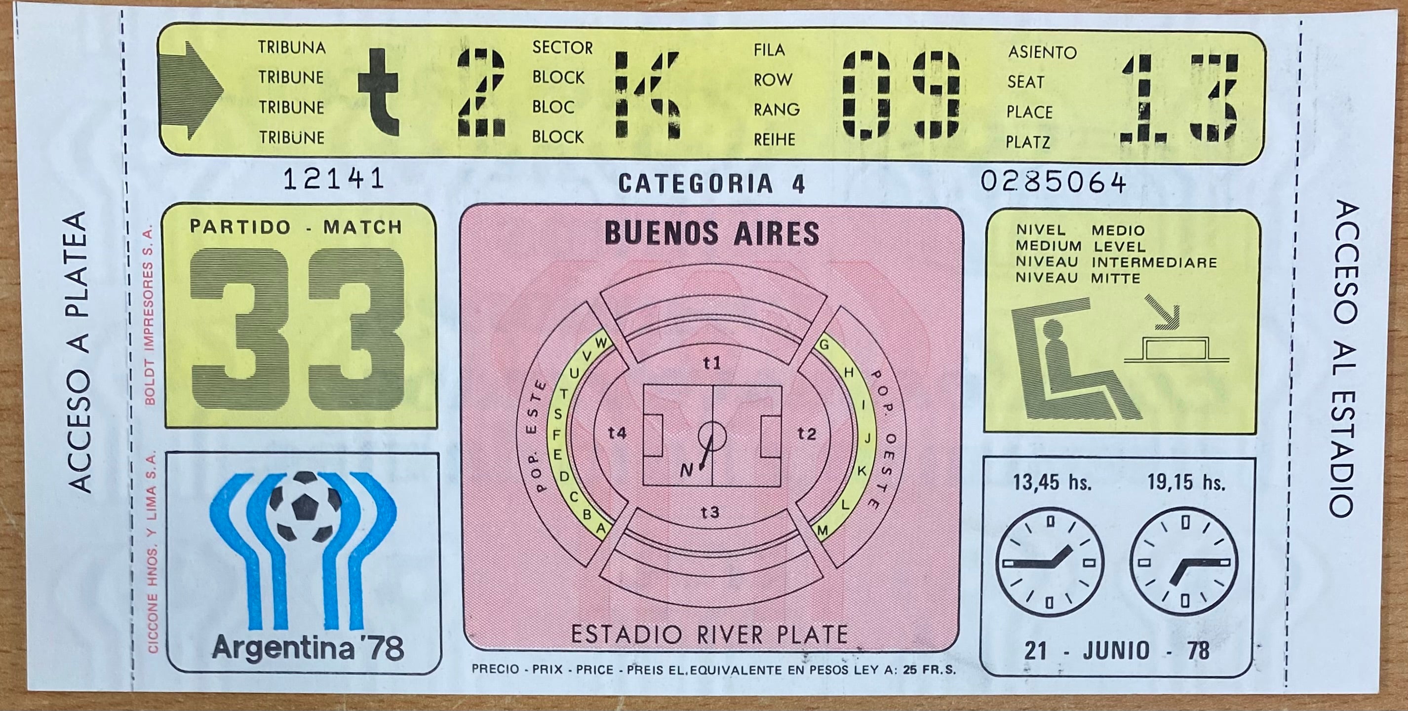 1978 ORIGINAL WORLD CUP 2ND ROUND UNUSED TICKET ITALY V NETHERLANDS @ BUENOS ARIES