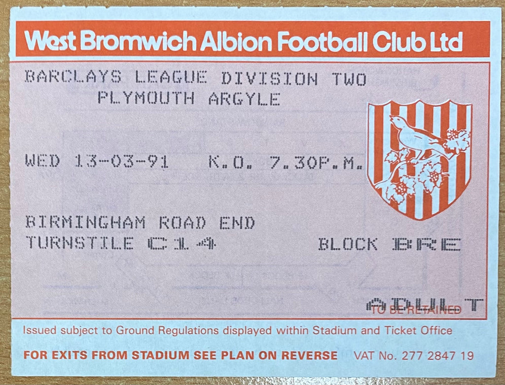 1990/91 ORIGINAL DIVISION 2 TICKET WEST BROMWICH ALBION V PLYMOUTH ARGYLE