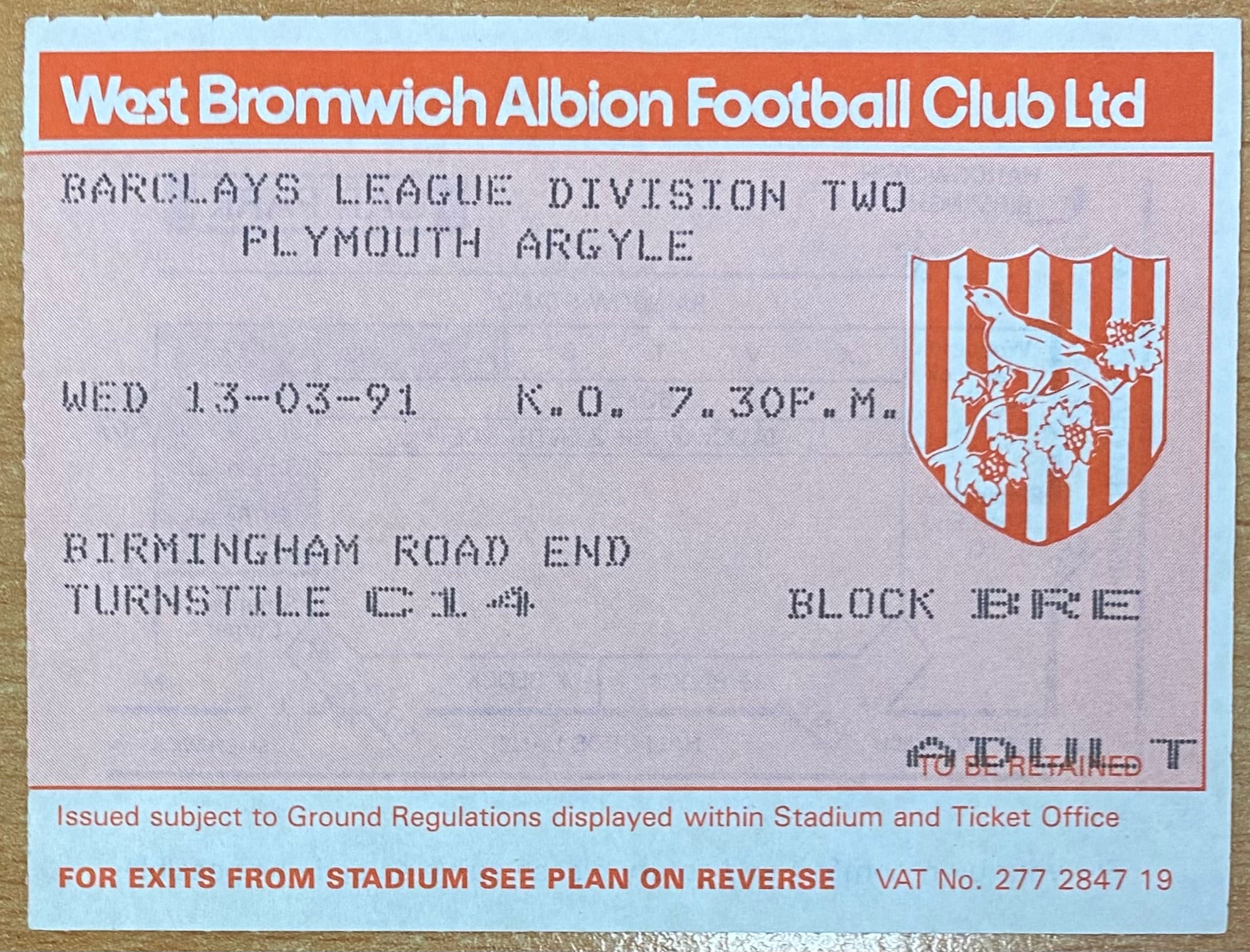 1990/91 ORIGINAL DIVISION 2 TICKET WEST BROMWICH ALBION V PLYMOUTH ARGYLE