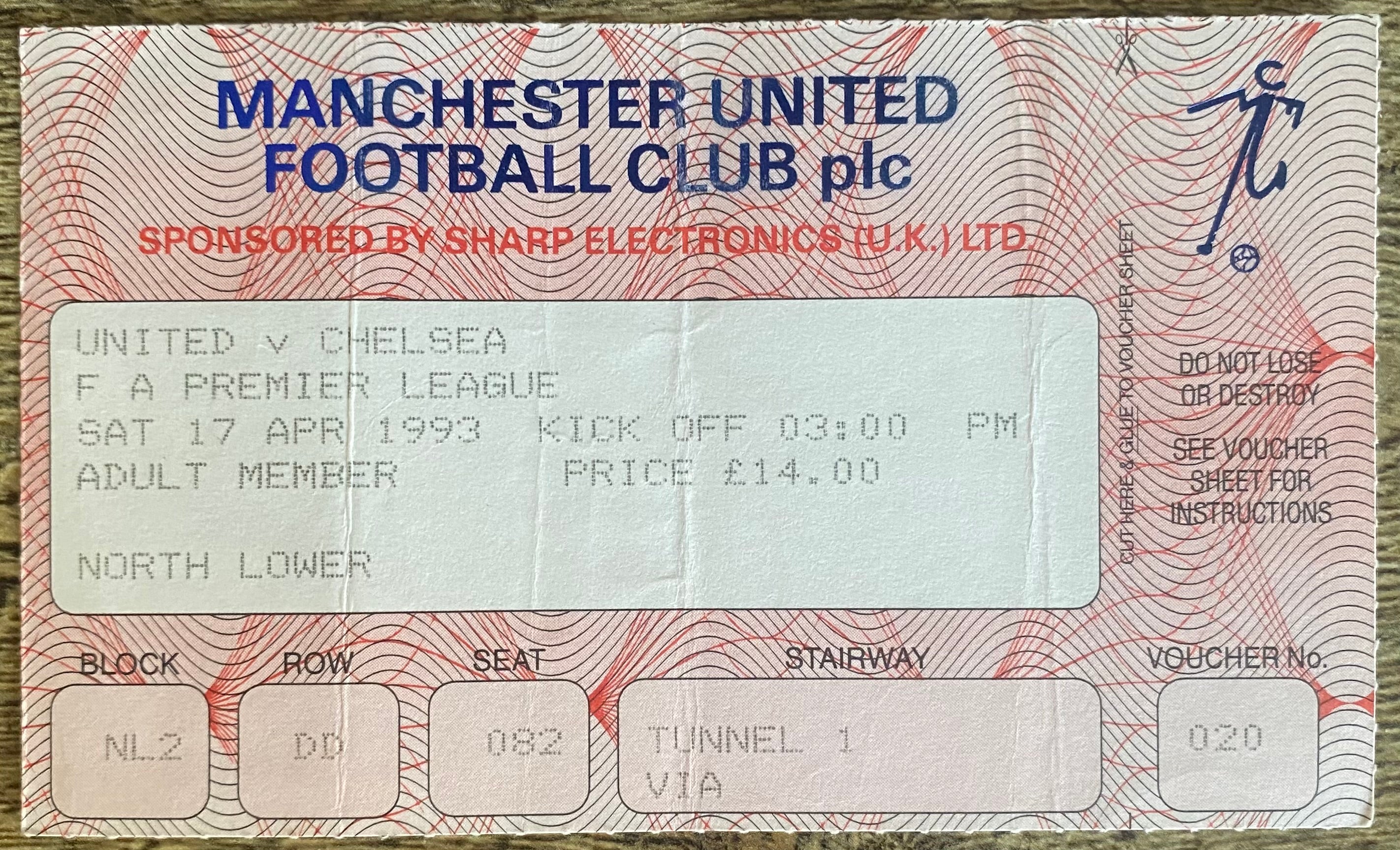 1992/93 ORIGINAL PREMIER LEAGUE TICKET  MANCHESTER UNITED V CHELSEA