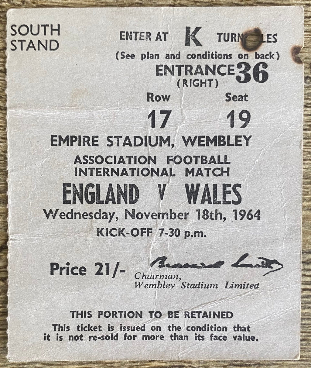 1964 ORIGINAL INTERNATIONAL TICKET ENGLAND V WALES