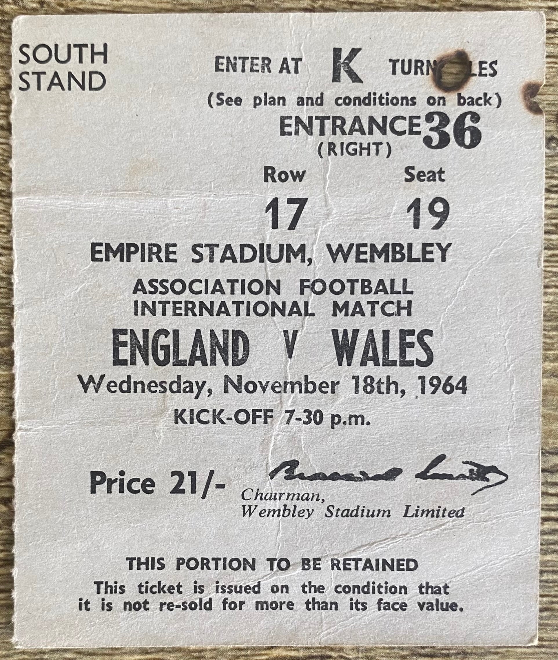 1964 ORIGINAL INTERNATIONAL TICKET ENGLAND V WALES