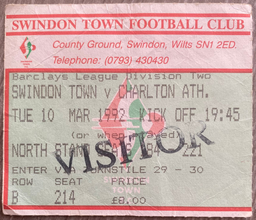 1991/92 ORIGINAL DIVISION 2 TICKET SWINDON TOWN V CHARLTON ATHLETIC