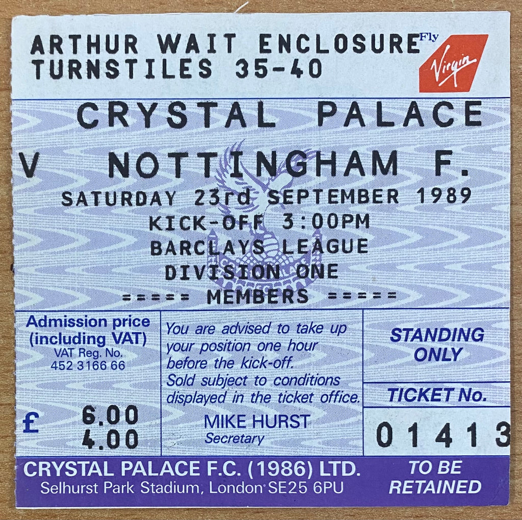 1989/90 ORIGINAL DIVISION 1 TICKET CRYSTAL PALACE V NOTTINGHAM FOREST