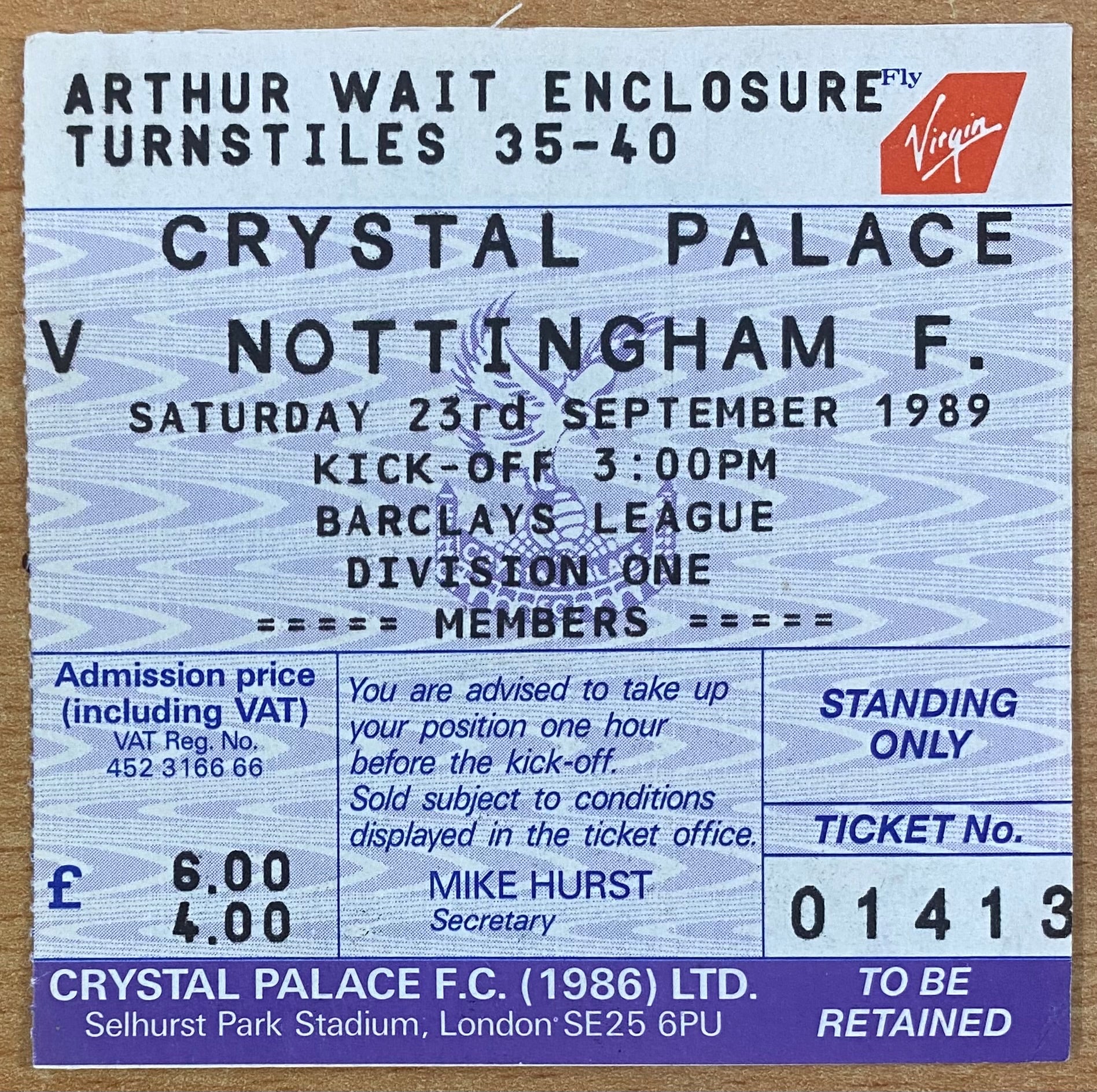 1989/90 ORIGINAL DIVISION 1 TICKET CRYSTAL PALACE V NOTTINGHAM FOREST