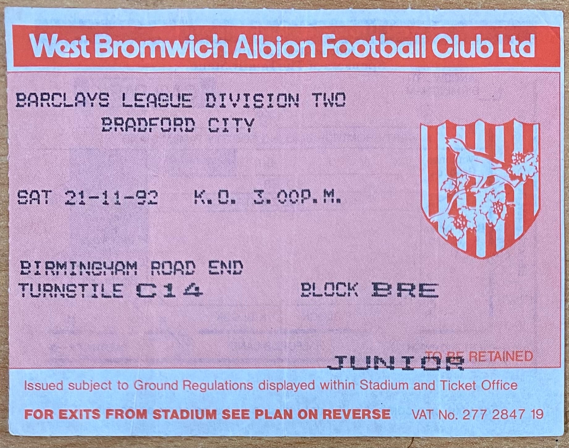 1992/93 ORIGINAL DIVISION 2 TICKET WEST BROMWICH ALBION V BRADFORD CITY