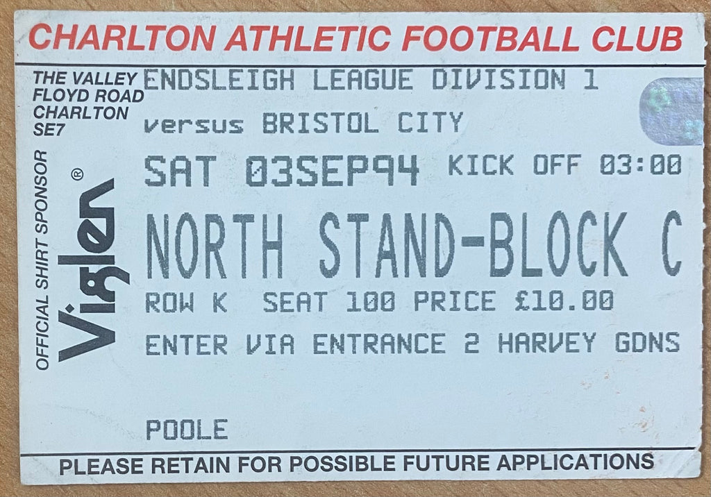 1994/95 ORIGINAL DIVISION 1 TICKET CHARLTON ATHLETIC V BRISTOL CITY