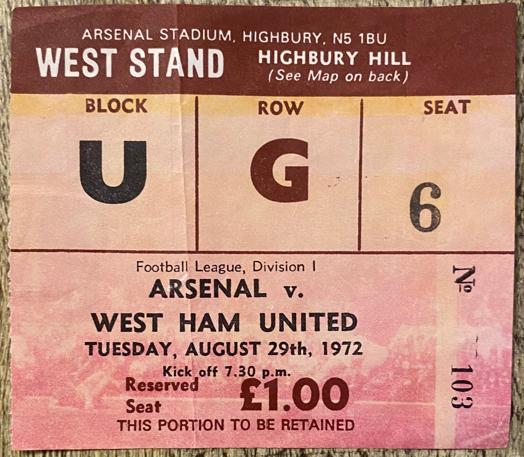 1972/73 ORIGINAL DIVISION ONE TICKET ARSENAL V WEST HAM UNITED