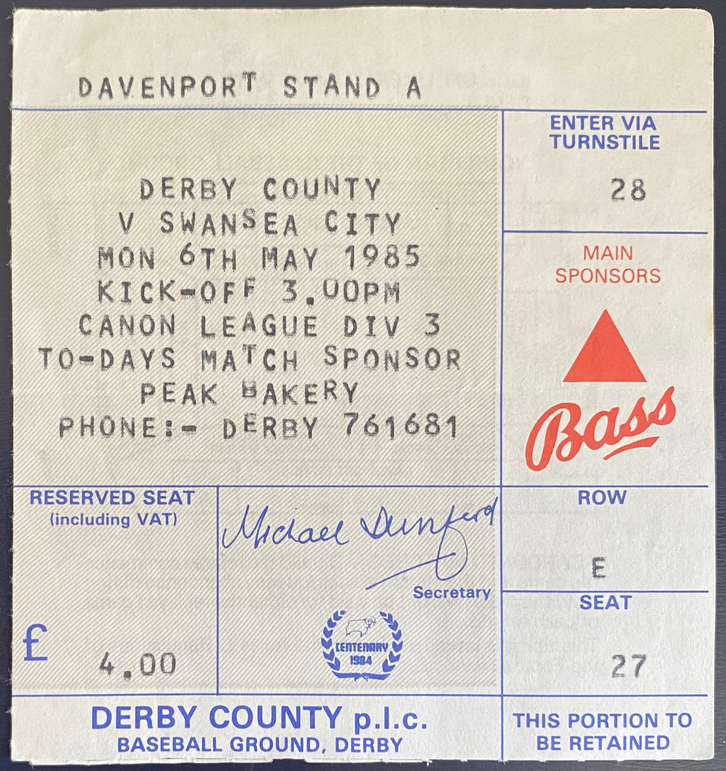 1984/85 ORIGINAL DIVISION 3 TICKET DERBY COUNTY V SWANSEA CITY