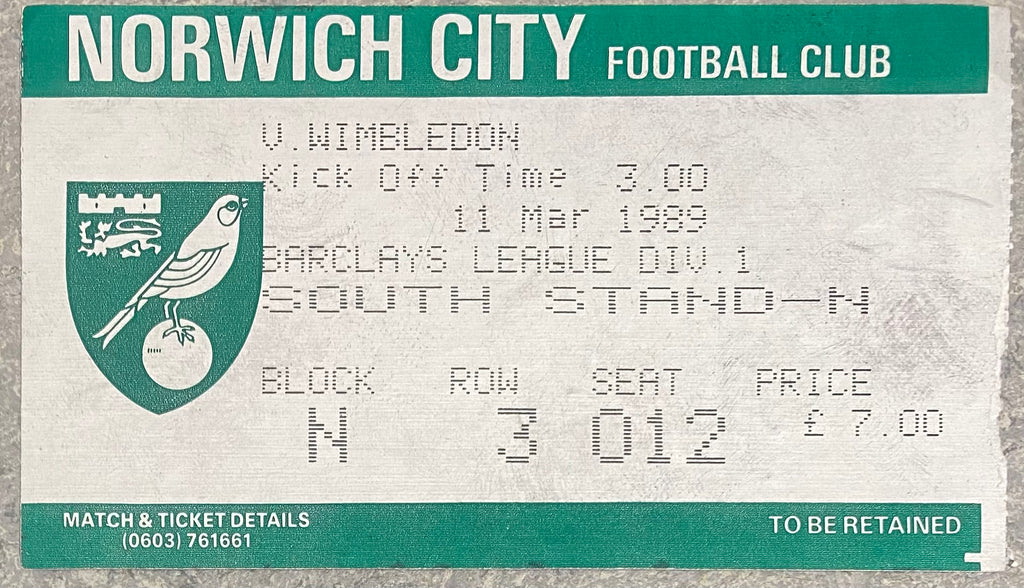 1988/89 ORIGINAL DIVISION ONE TICKET NORWICH CITY V WIMBLEDON