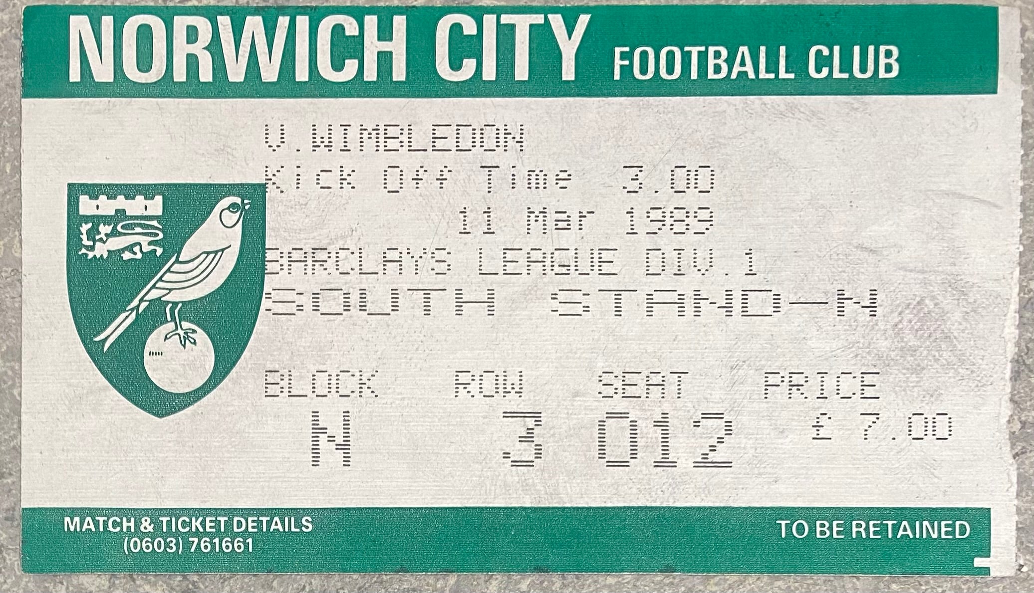 1988/89 ORIGINAL DIVISION ONE TICKET NORWICH CITY V WIMBLEDON