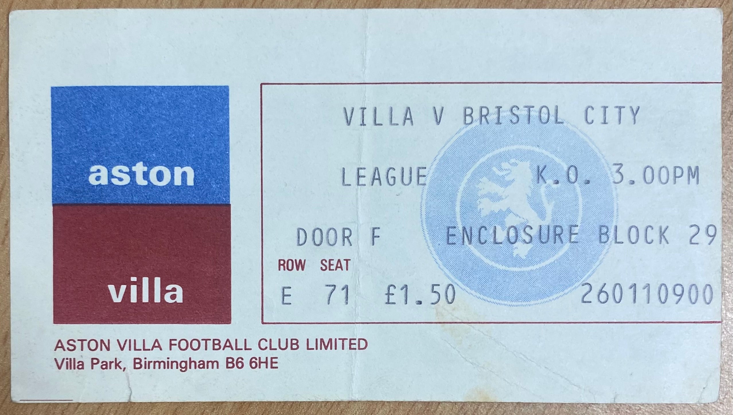 1977/78 ORIGINAL DIVISION 1 TICKET ASTON VILLA V BRISTOL CITY