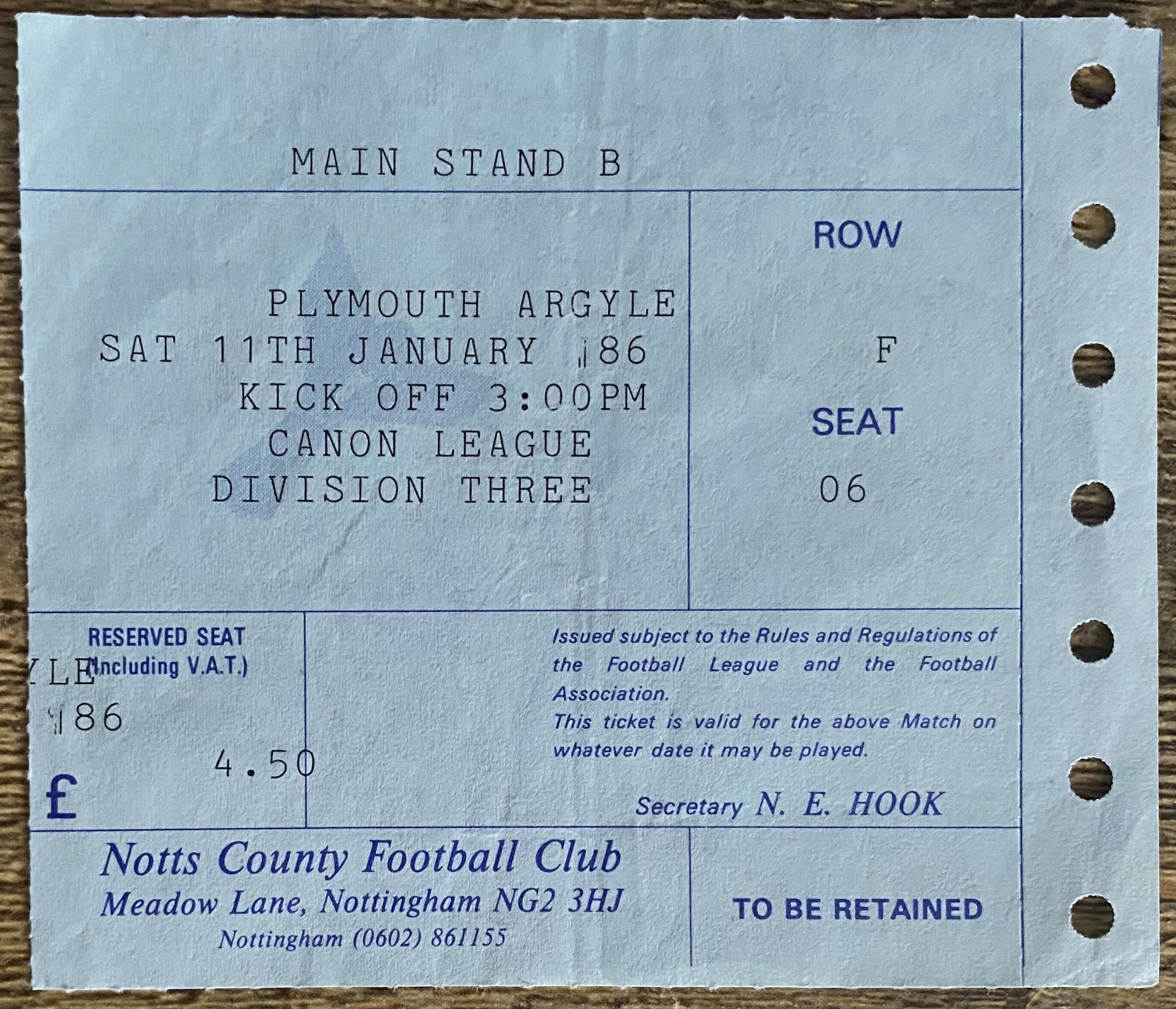1985/86 ORIGINAL DIVISION 3 TICKET NOTTS COUNTY V PLYMOUTH ARGYLE