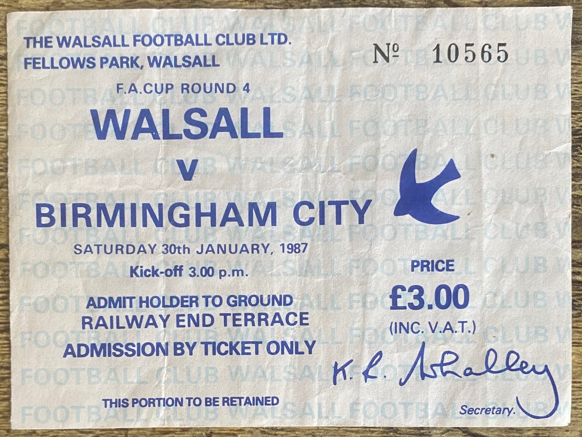 1986/87 ORIGINAL FA CUP 4TH ROUND TICKET WALSALL V BIRMINGHAM CITY