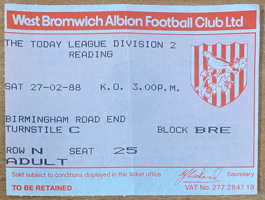 1987/88 ORIGINAL DIVISION 2 TICKET WEST BROMWICH ALBION V READING