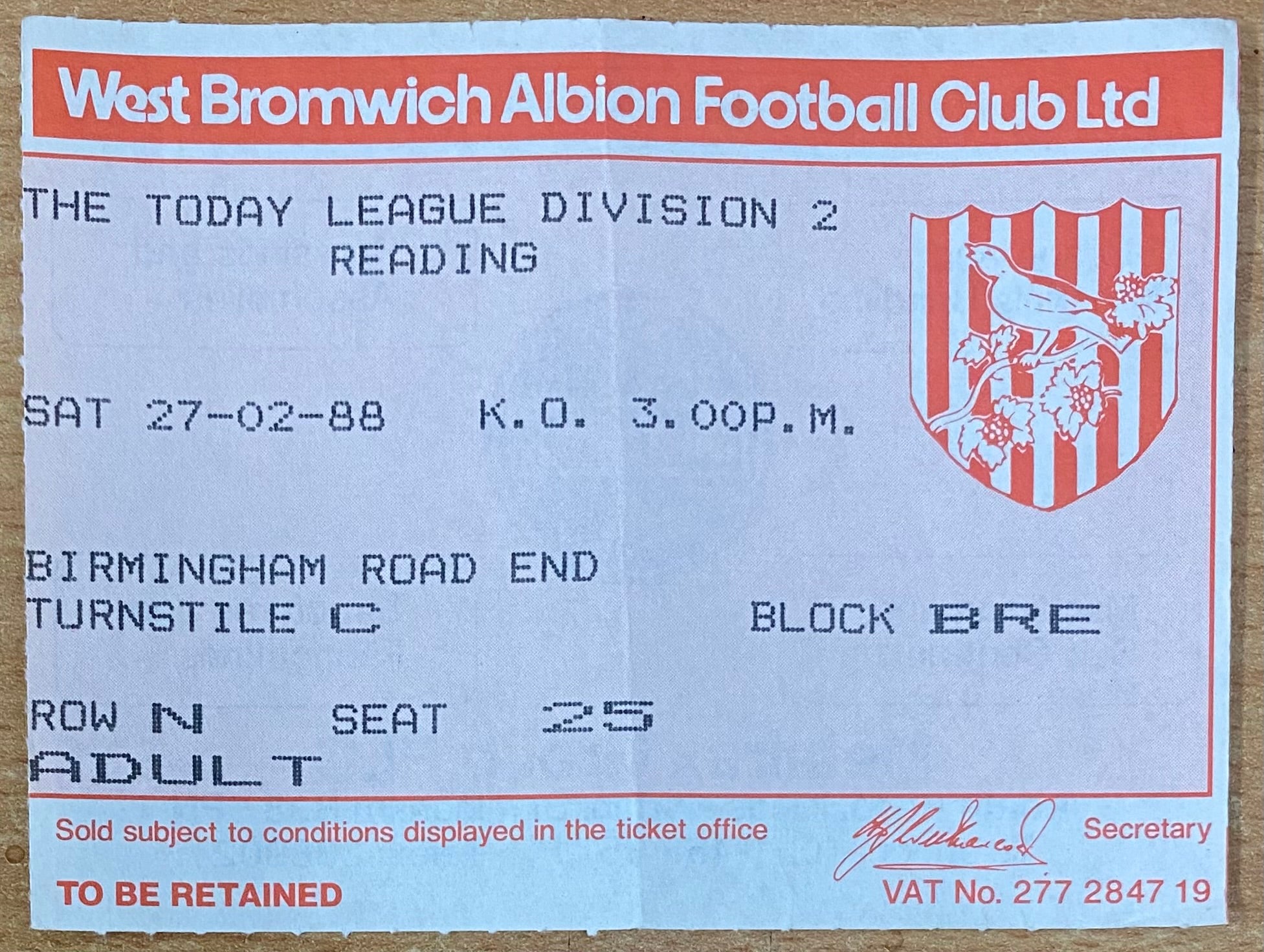 1987/88 ORIGINAL DIVISION 2 TICKET WEST BROMWICH ALBION V READING