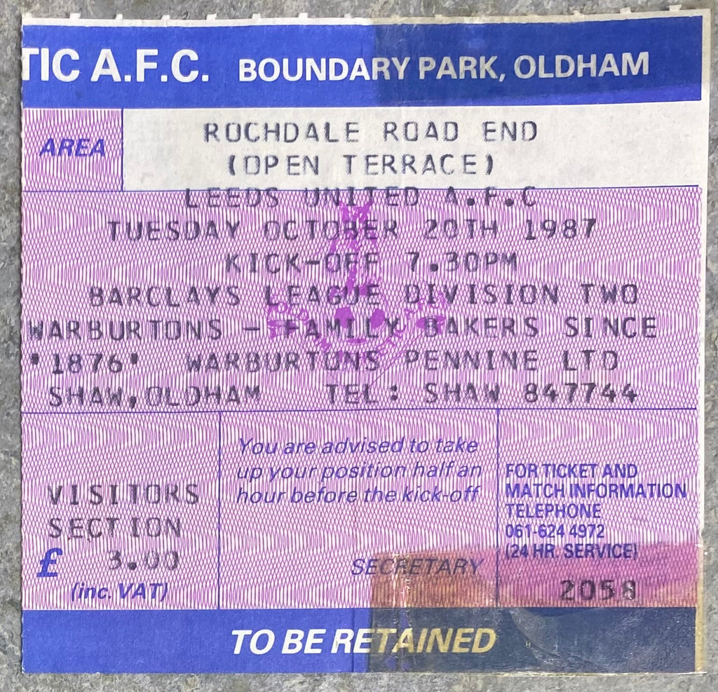 1987/88 ORIGINAL DIVISION TWO TICKET OLDHAM ATHLETIC V LEEDS UNITED
