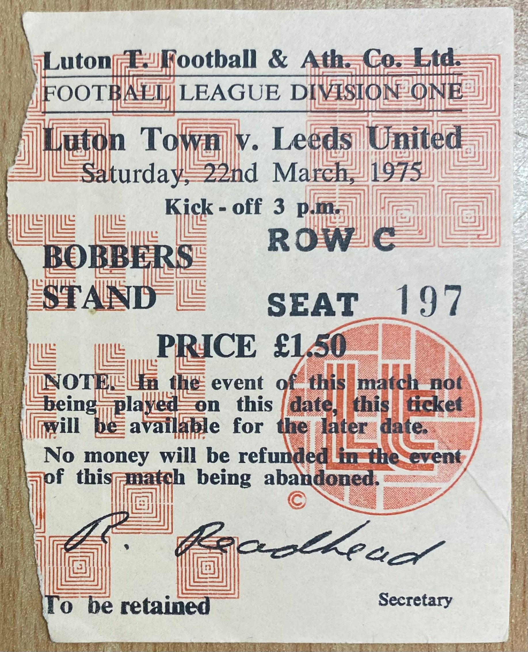 1974/75 ORIGINAL DIVISION 1 TICKET LUTON TOWN V LEEDS UNITED