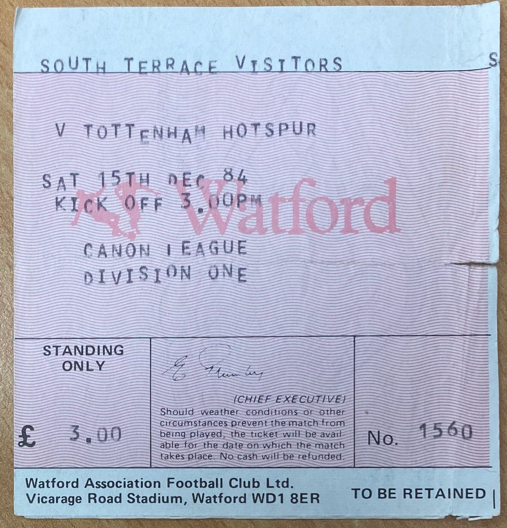 1984/85 ORIGINAL DIVISION ONE TICKET WATFORD V TOTTENHAM HOTSPUR