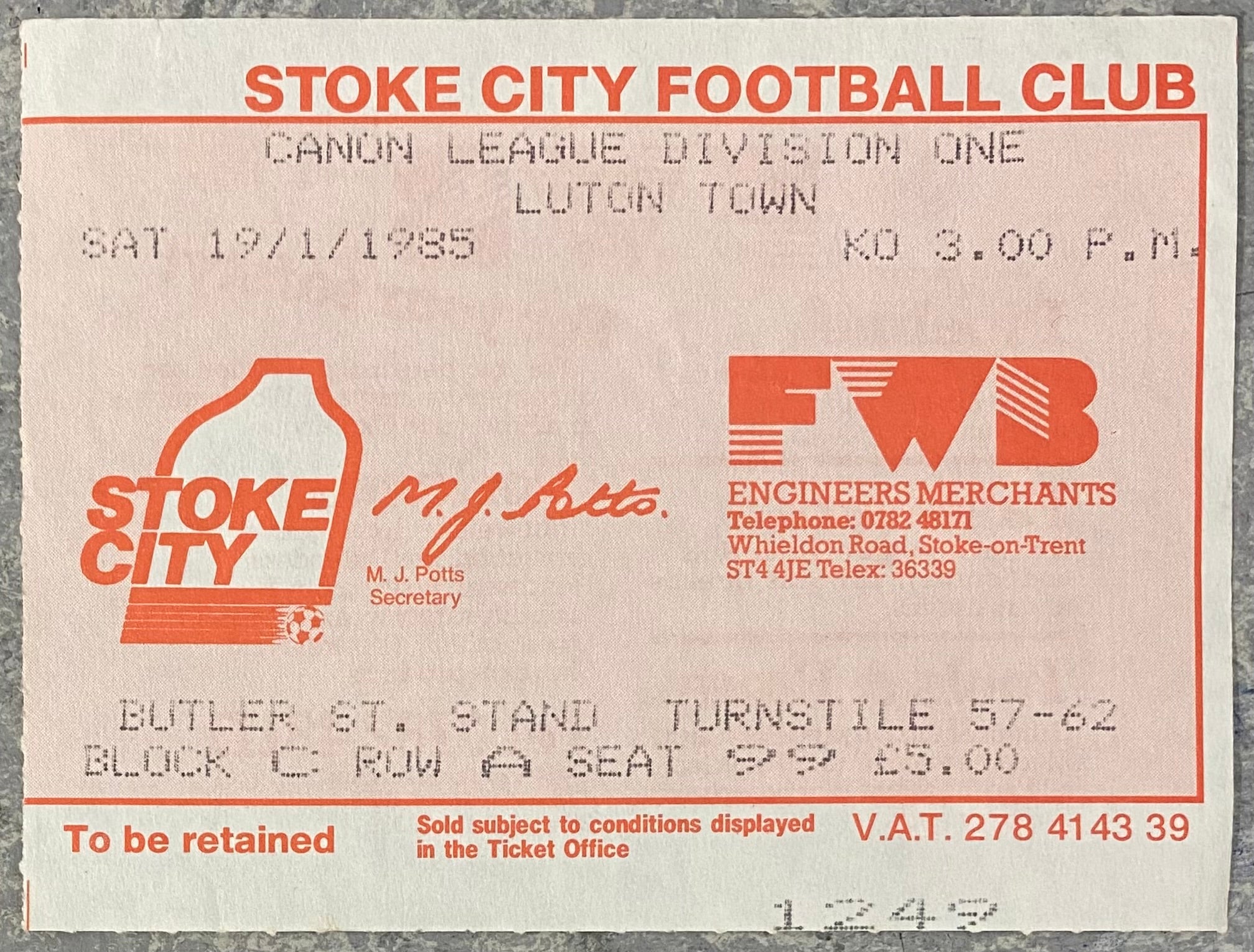1984/85 ORIGINAL DIVISION ONE TICKET STOKE CITY V LUTON TOWN