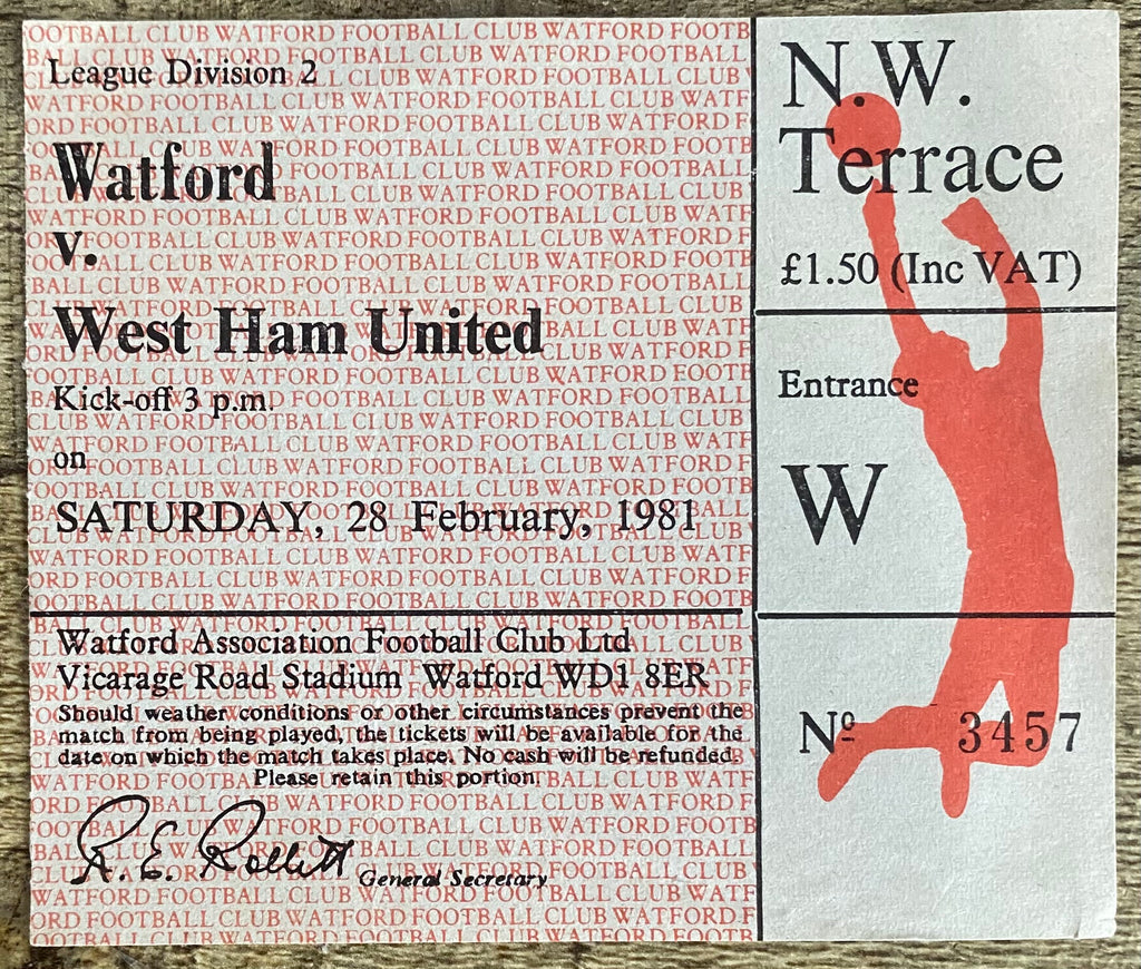 1980/81 ORIGINAL DIVISION TWO TICKET WATFORD V WEST HAM UNITED