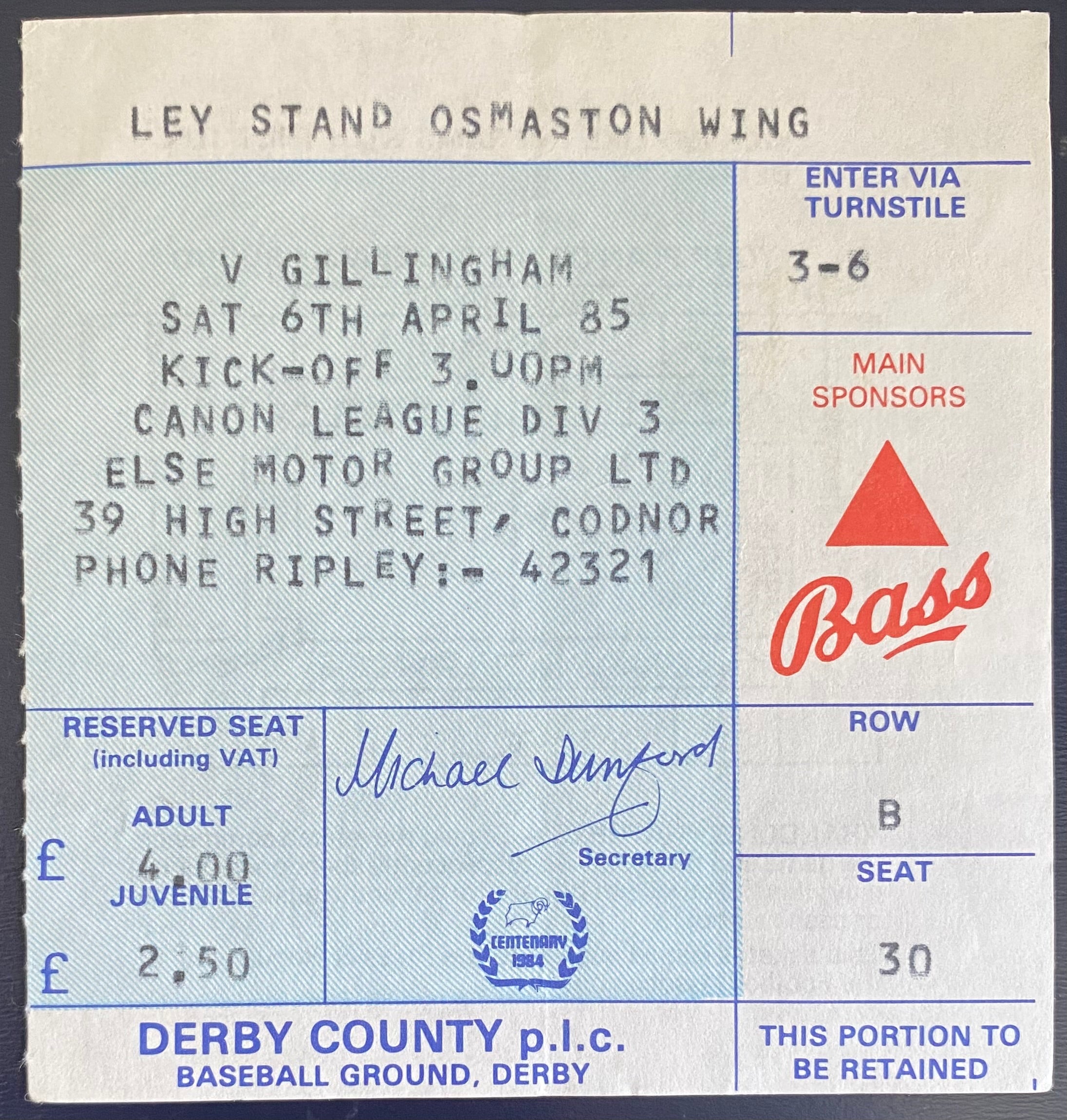 1984/85 ORIGINAL DIVISION 3 TICKET DERBY COUNTY V GILLINGHAM