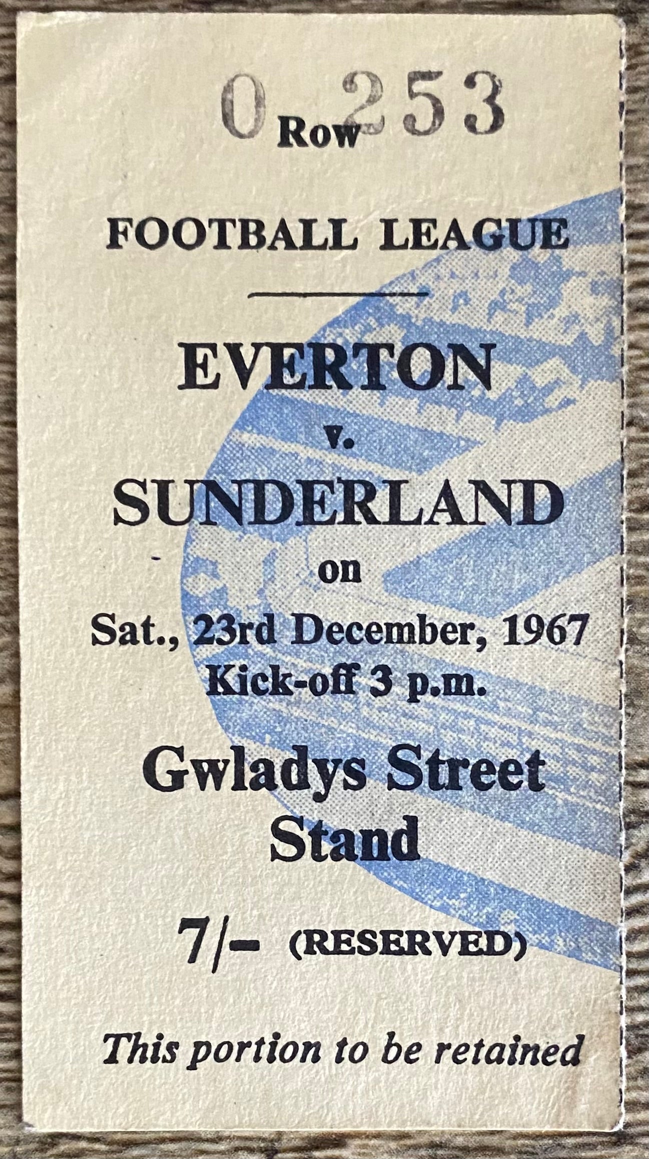 1967/68 ORIGINAL DIVISION ONE TICKET EVERTON V SUNDERLAND