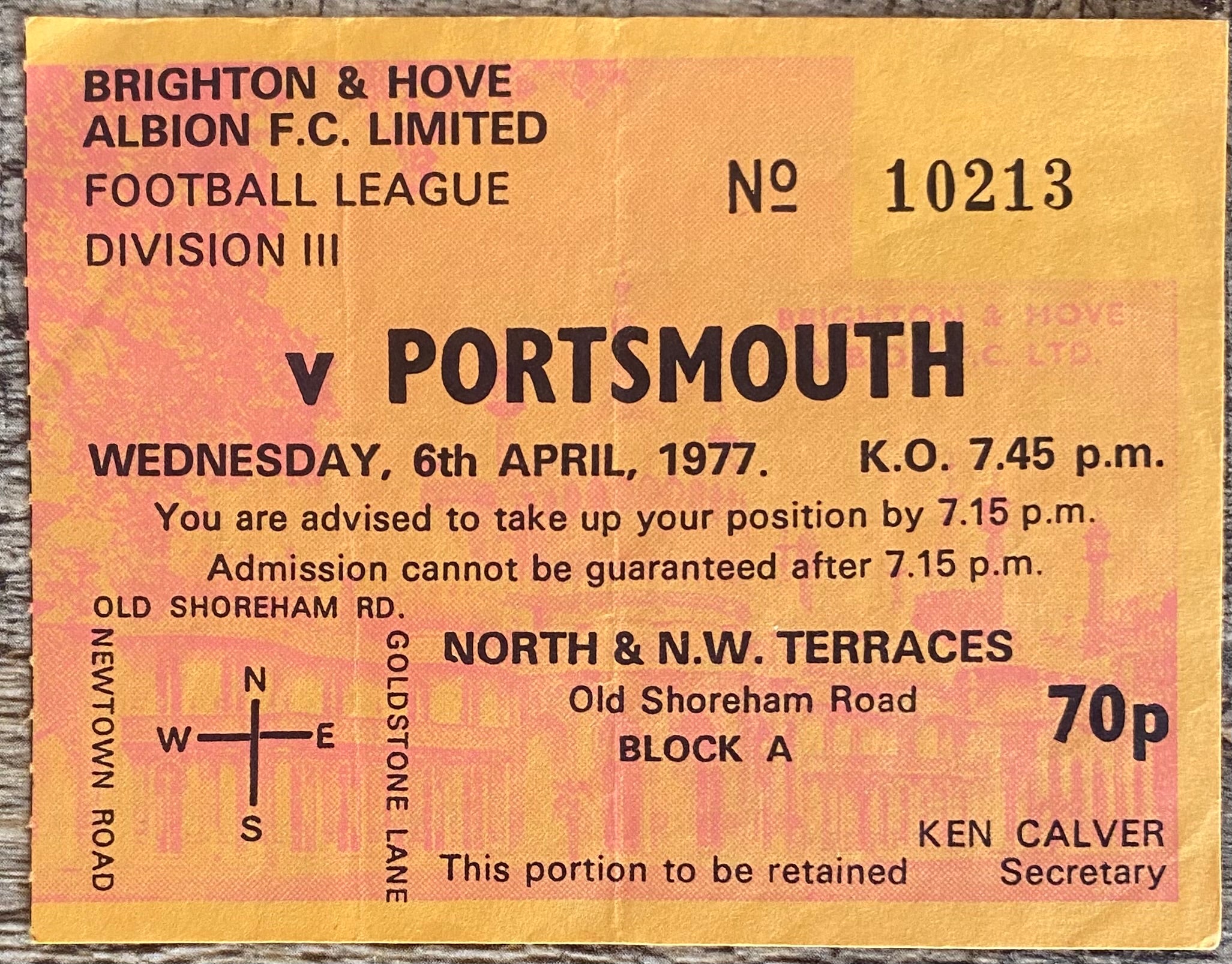 1976/77 ORIGINAL DIVISION 3 TICKET BRIGHTON AND HOVE ALBION V PORTSMOUTH