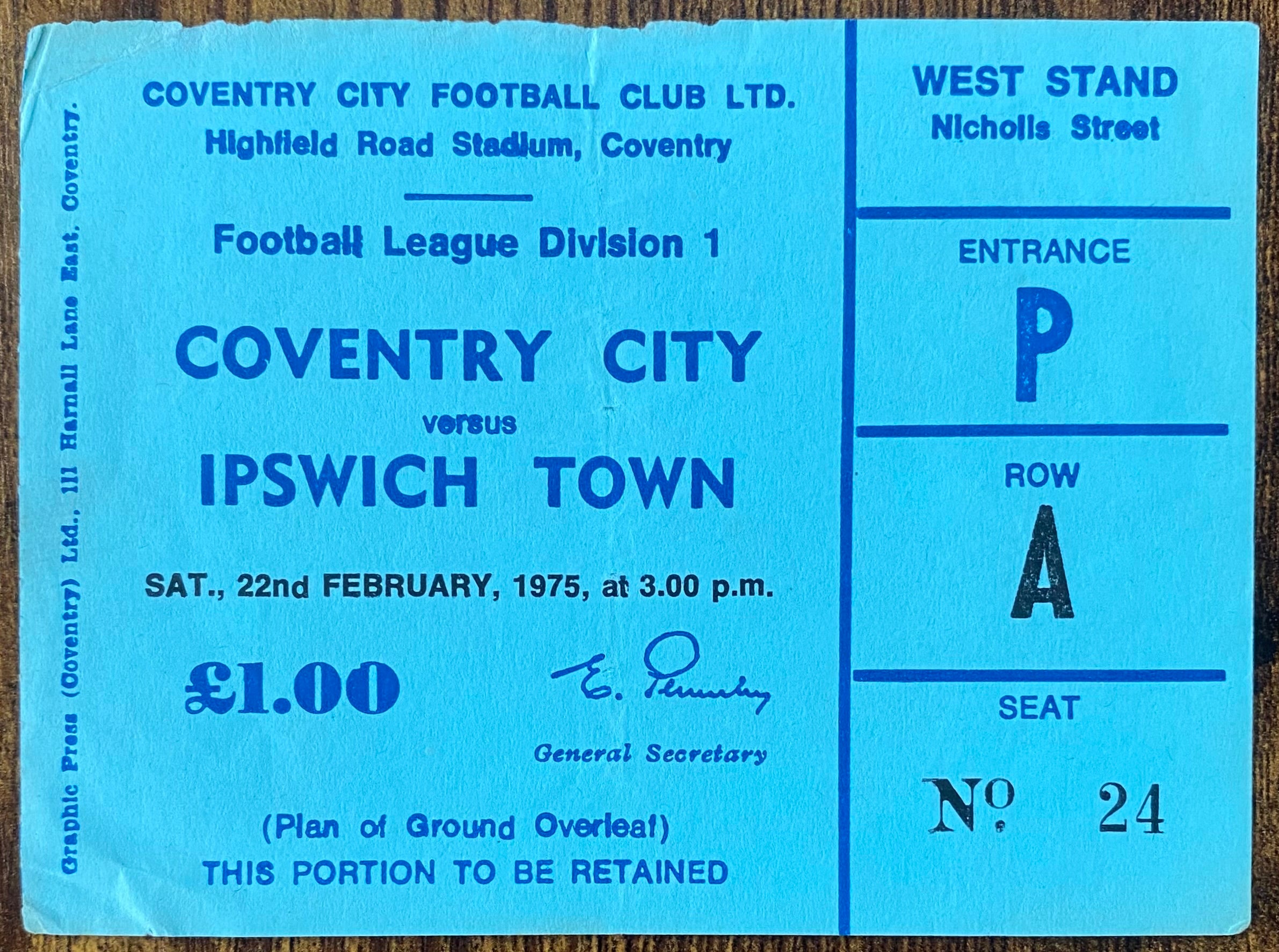 1974/75 ORIGINAL DIVISION 1 TICKET COVENTRY CITY V IPSWICH TOWN