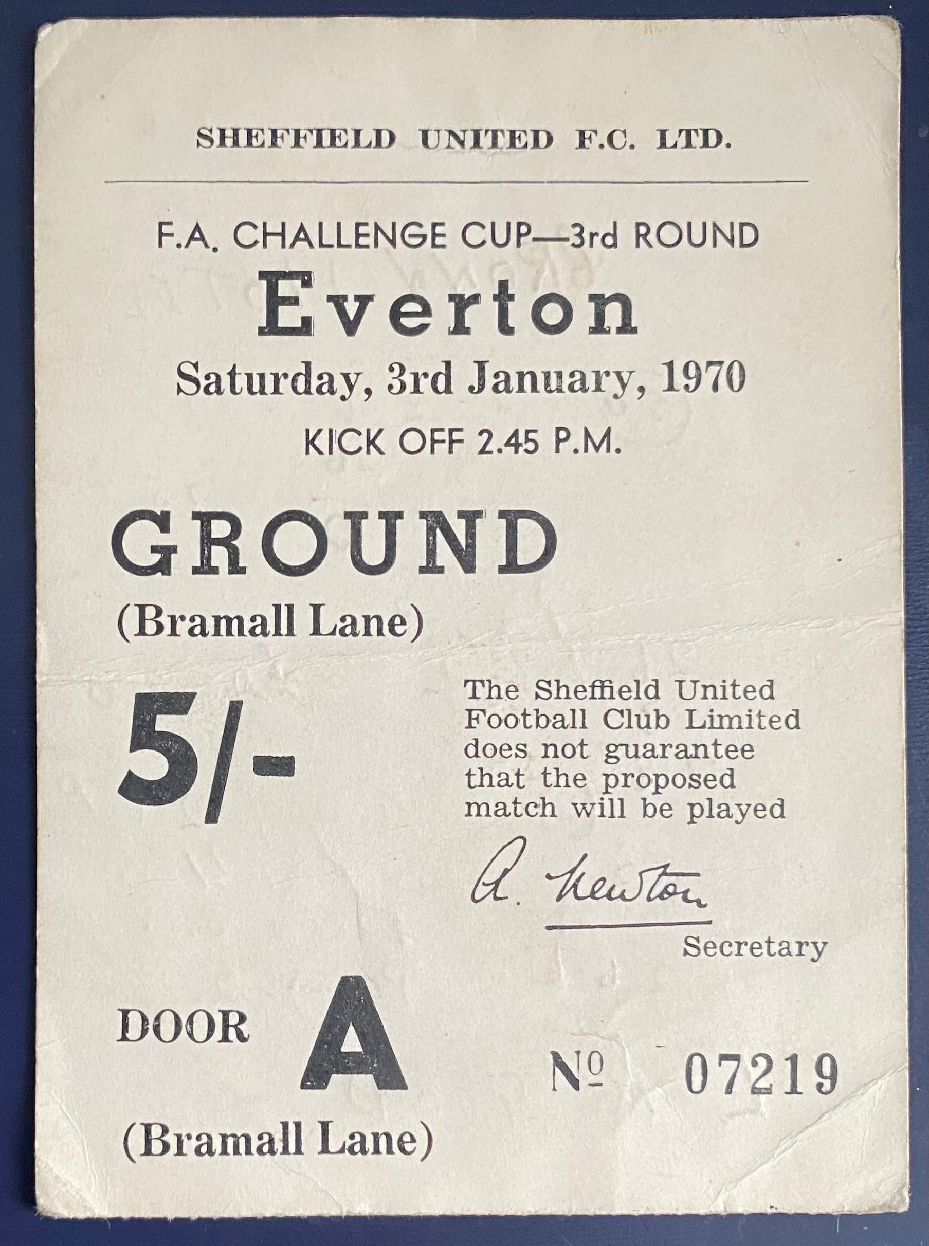 1969/70 ORIGINAL FA CUP 3RD ROUND TICKET SHEFFIELD UNITED V EVERTON