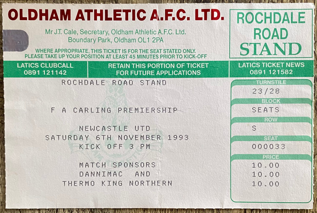 1993/94 ORIGINAL FA PREMIERSHIP TICKET OLDHAM ATHLETIC V NEWCASTLE UNITED