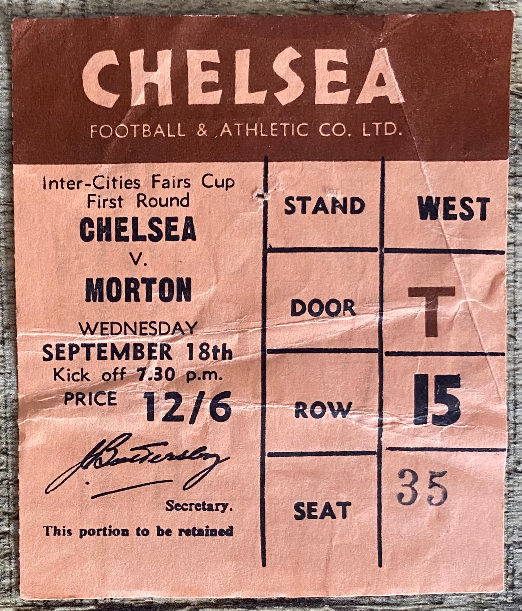1968/69 ORIGINAL INTER-CITIES FAIRS CUP 1ST ROUND 1ST LEG TICKET CHELSEA V MORTON