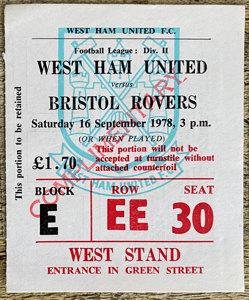 1978/79 ORIGINAL DIVISION 2 TICKET WEST HAM UNITED V BRISTOL ROVERS