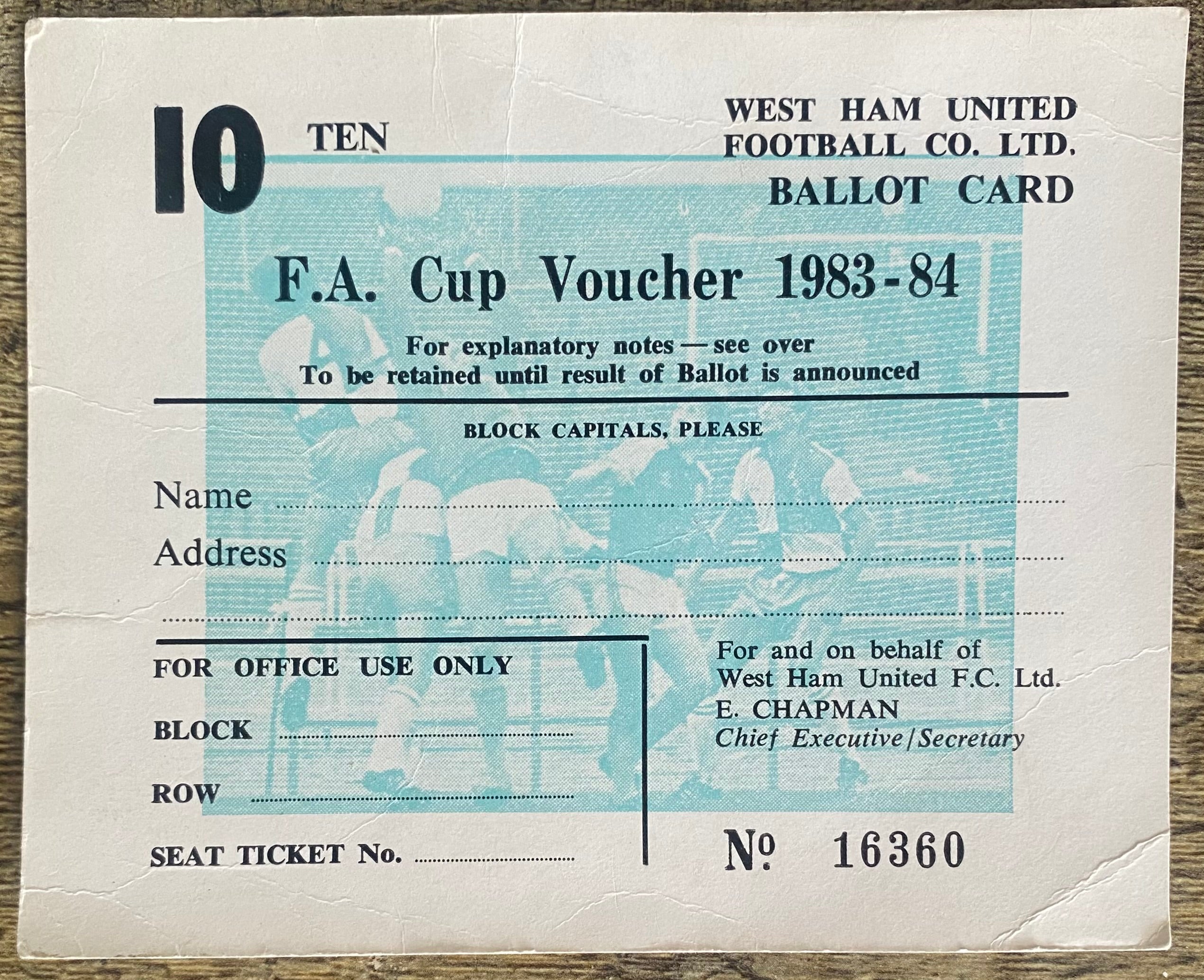 1983/84 ORIGINAL WEST HAM UNITED FA CUP BALLOT CARD