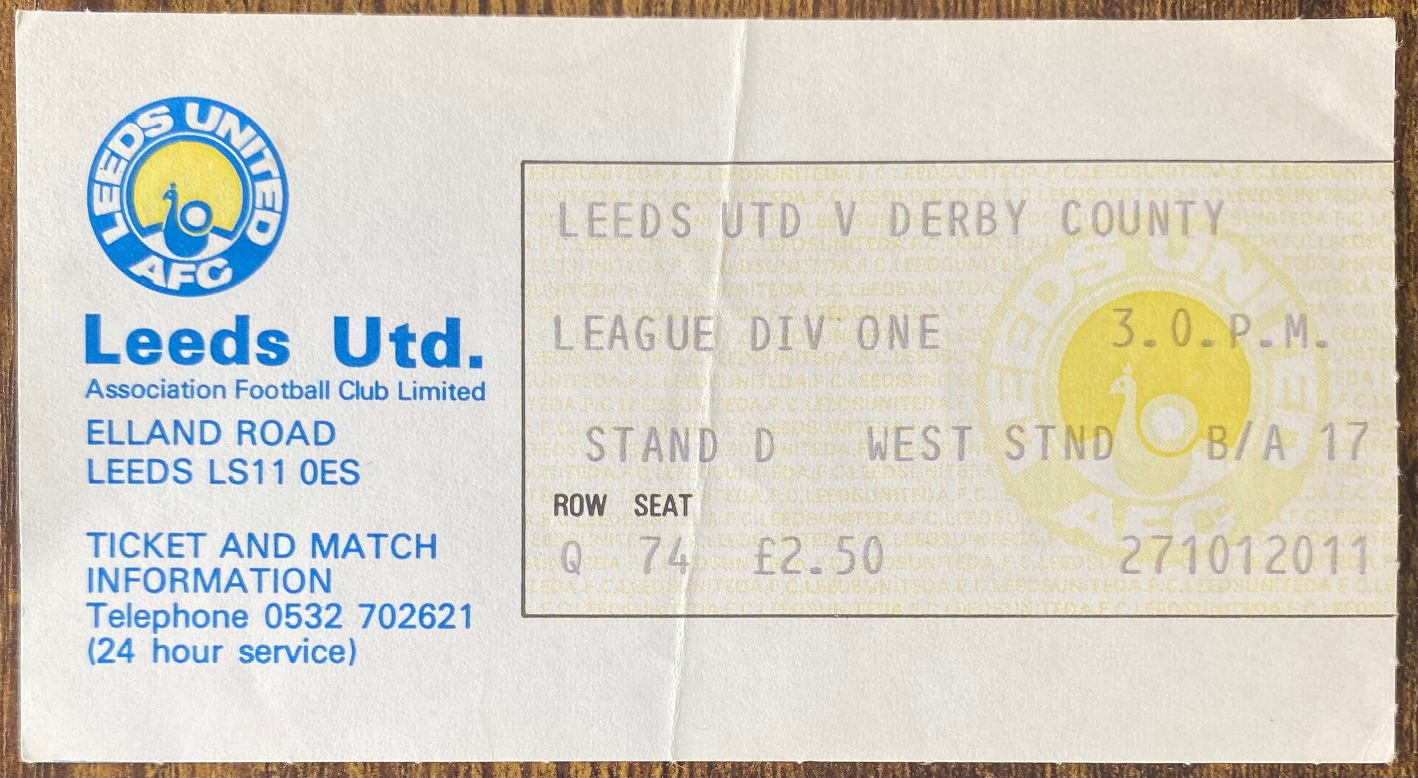 1979/80 ORIGINAL DIVISION ONE TICKET LEEDS UNITED V DERBY COUNTY