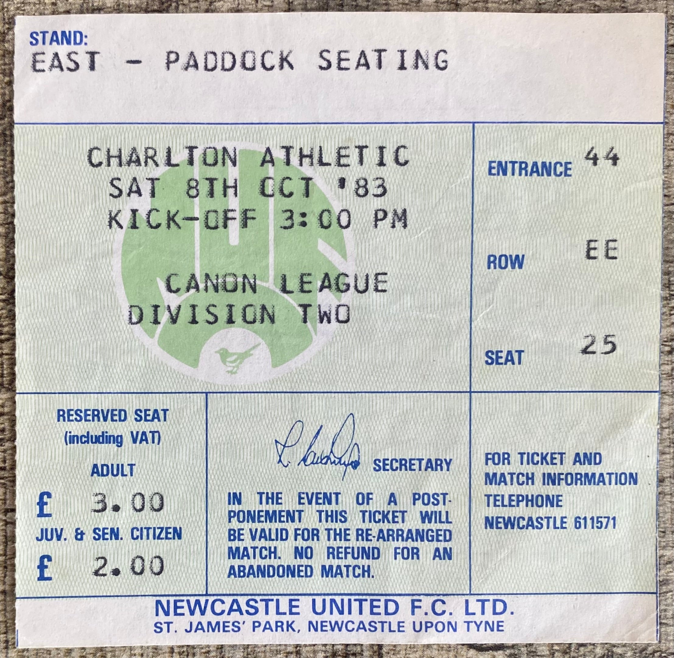 1983/84 ORIGINAL DIVISION 2 TICKET NEWCASTLE UNITED V CHARLTON ATHLETIC