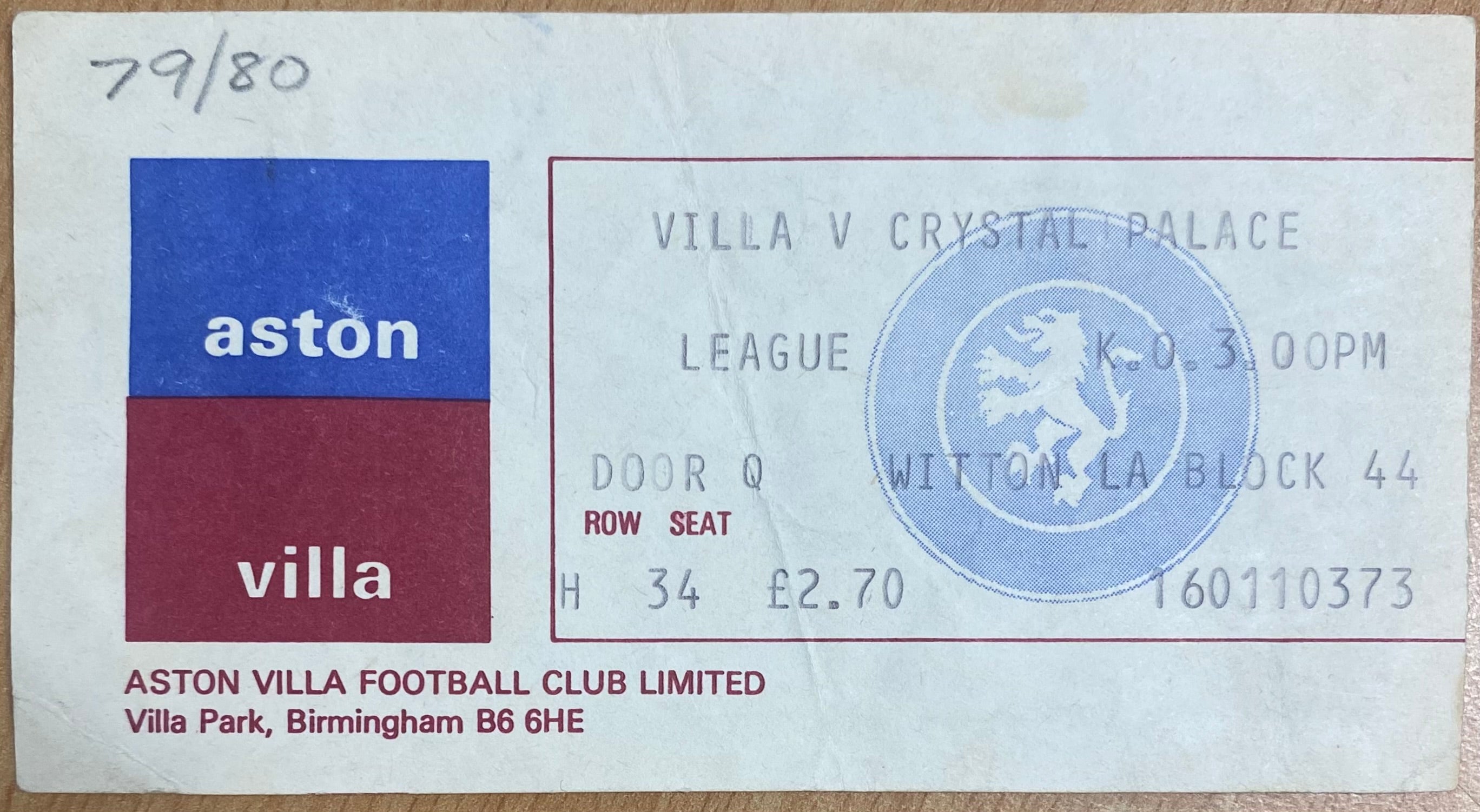 1979/80 ORIGINAL DIVISION 1 TICKET ASTON VILLA V CRYSTAL PALACE