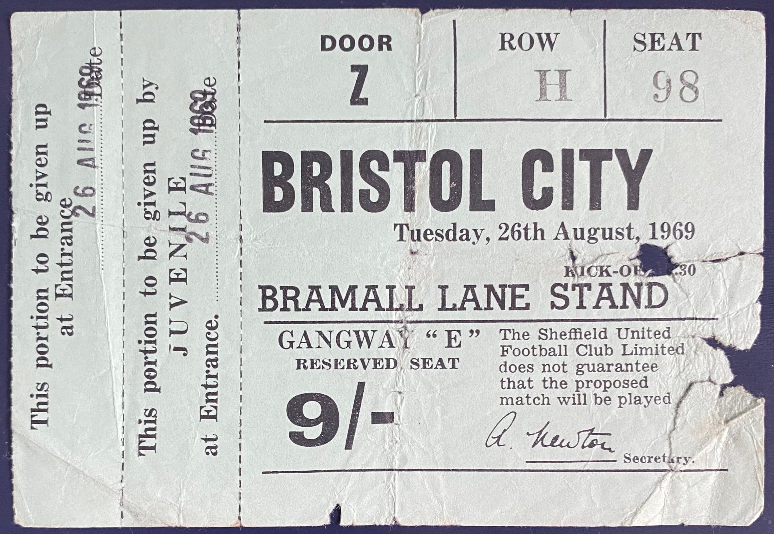1969/70 ORIGINAL DIVISION 2 UNUSED TICKET SHEFFIELD UNITED V BRISTOL CITY