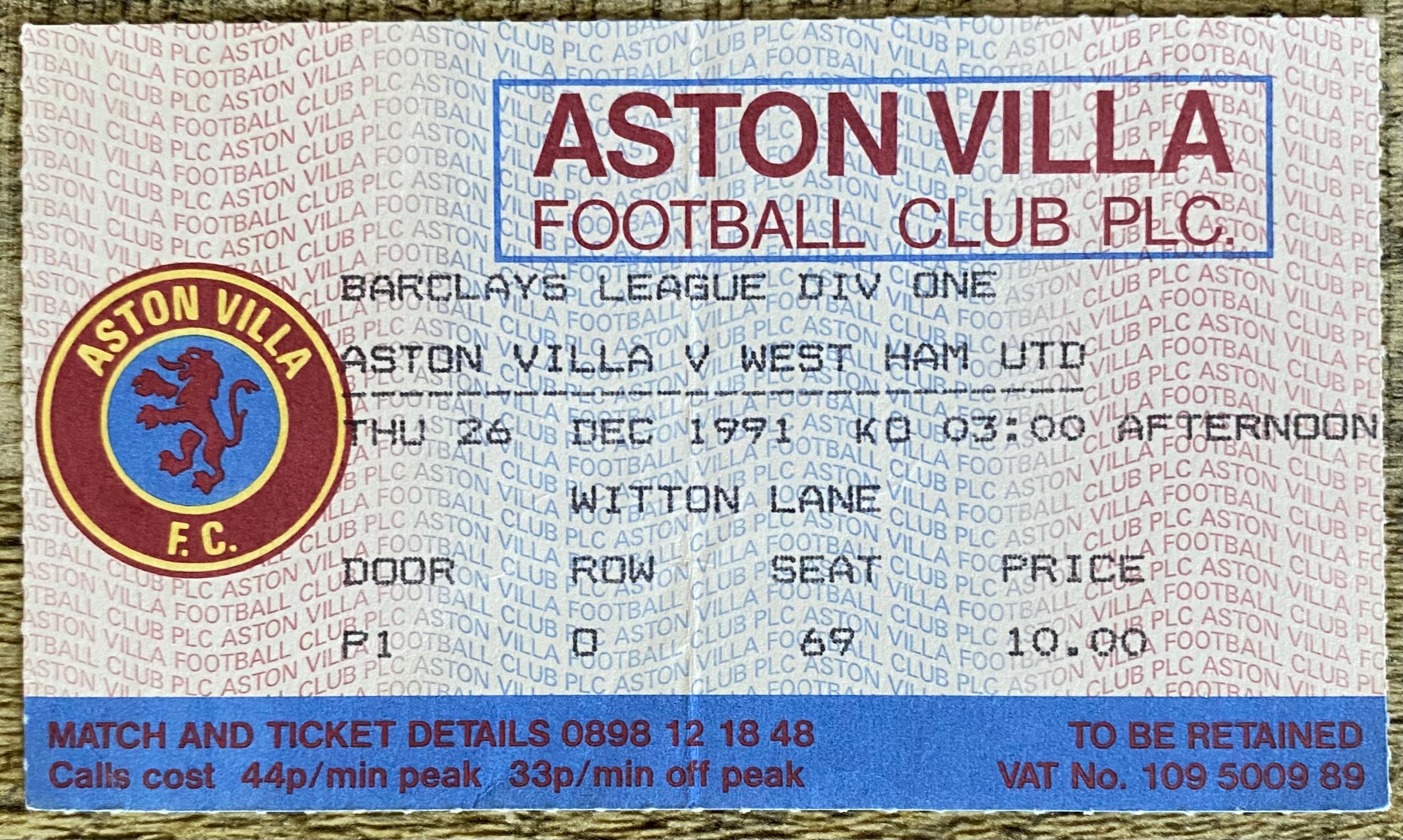 1991/92 ORIGINAL DIVISION 1 TICKET ASTON VILLA V WEST HAM UNITED