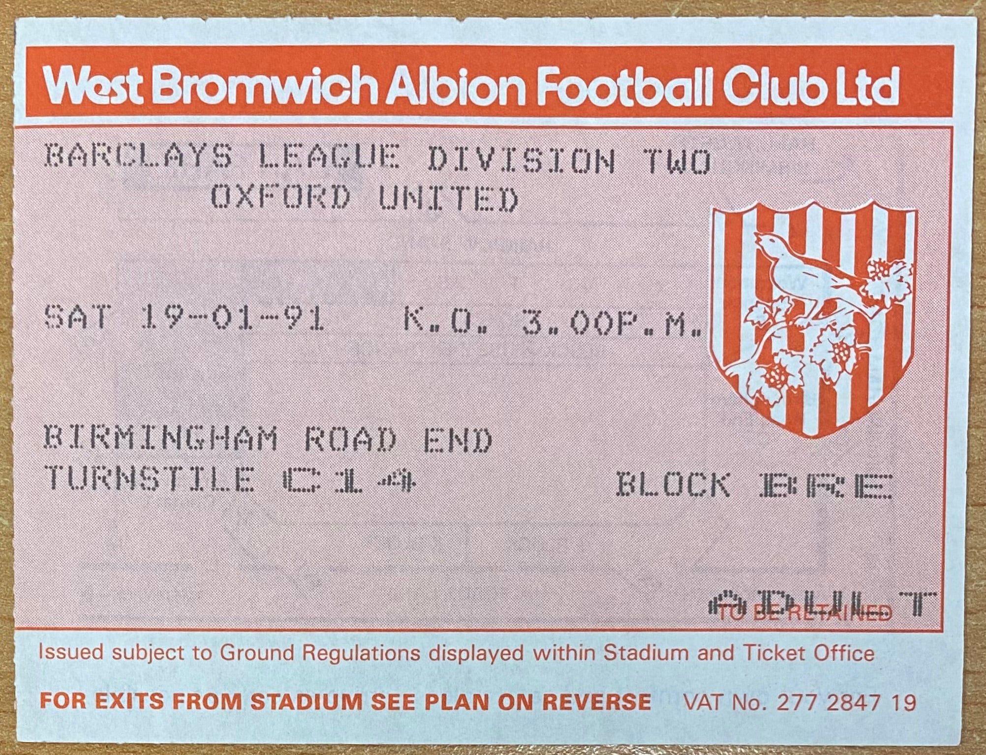 1990/91 ORIGINAL DIVISION 2 TICKET WEST BROMWICH ALBION V OXFORD UNITED