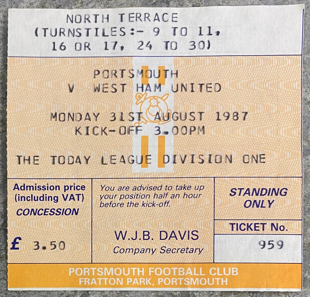 1987/88 ORIGINAL DIVISION 1 TICKET PORTSMOUTH V WEST HAM UNITED